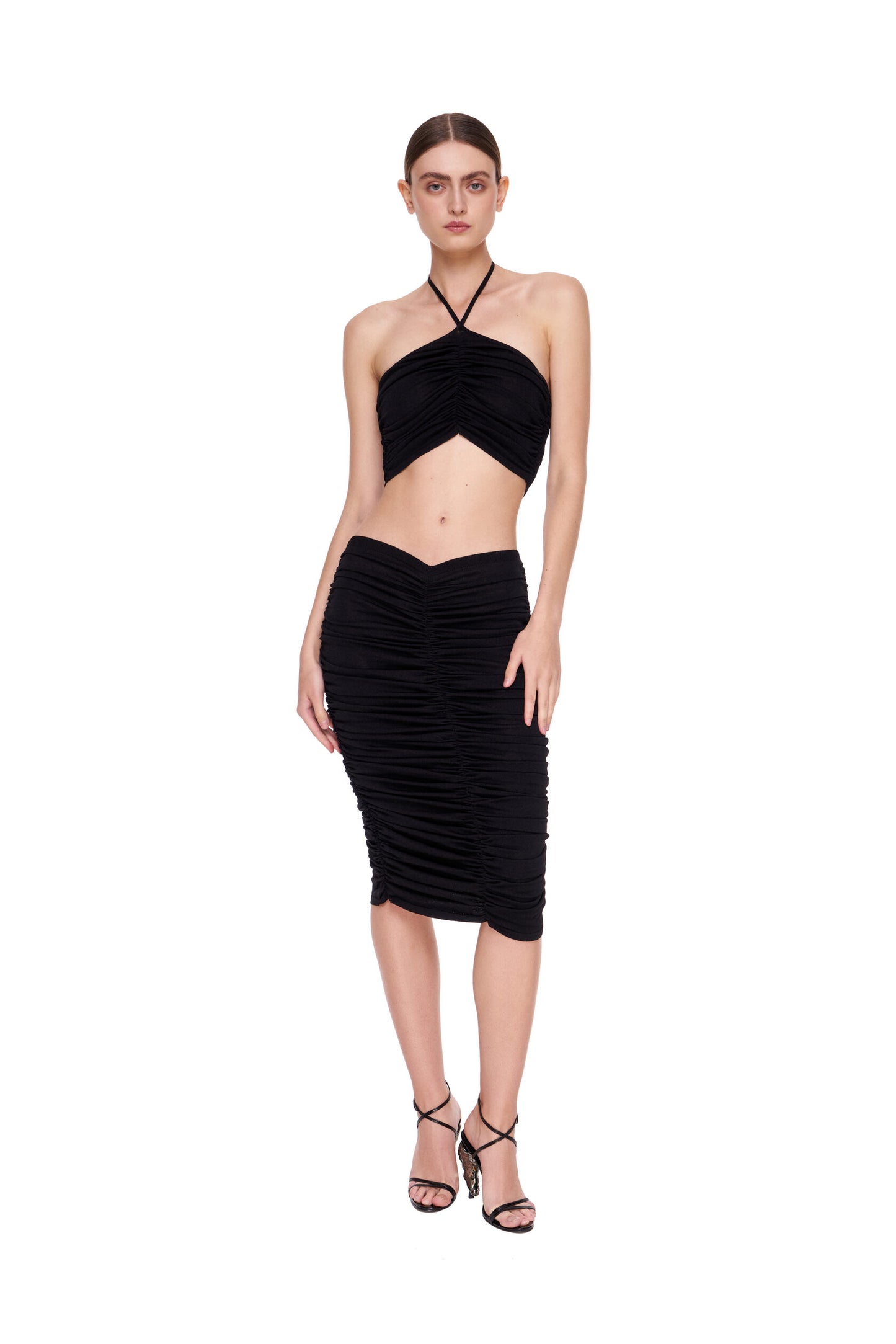 KNIT DRAPED SUIT TOP AND SKIRT