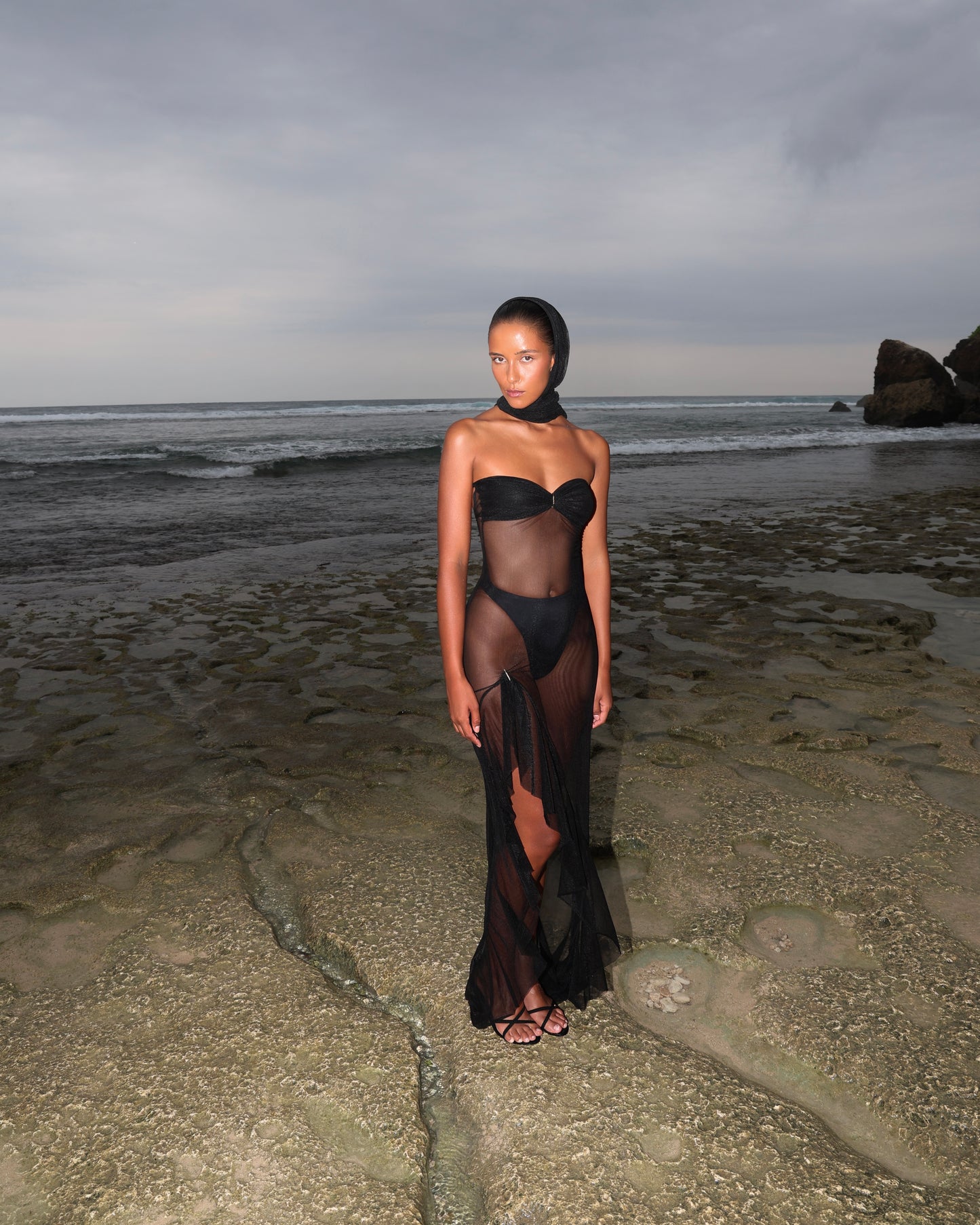 MESH DRESS WITH FRONT LEG FRILL BLACK