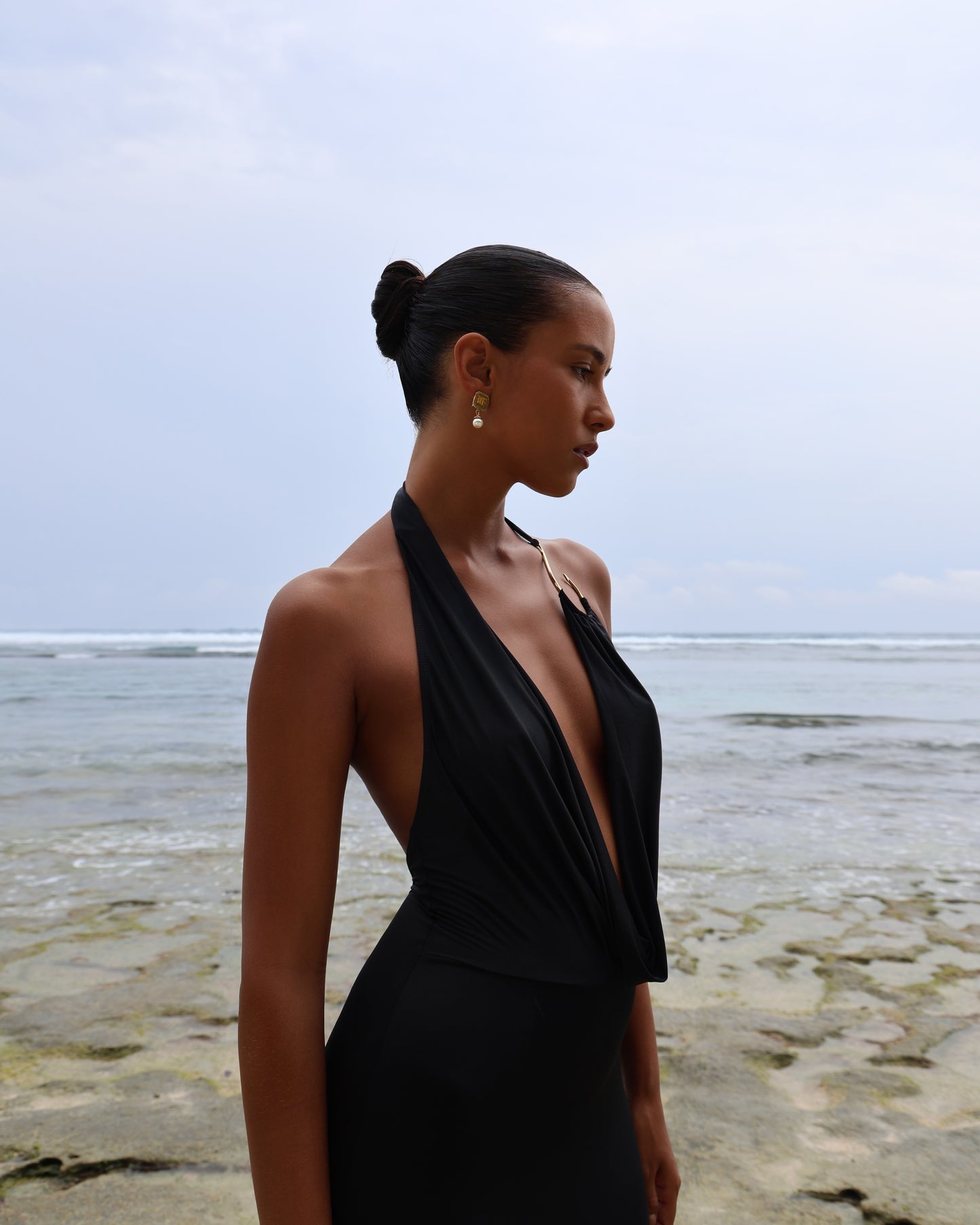 LYCRA MAXI DRESS WITH FISHING HOOK ON THE CHEST BLACK
