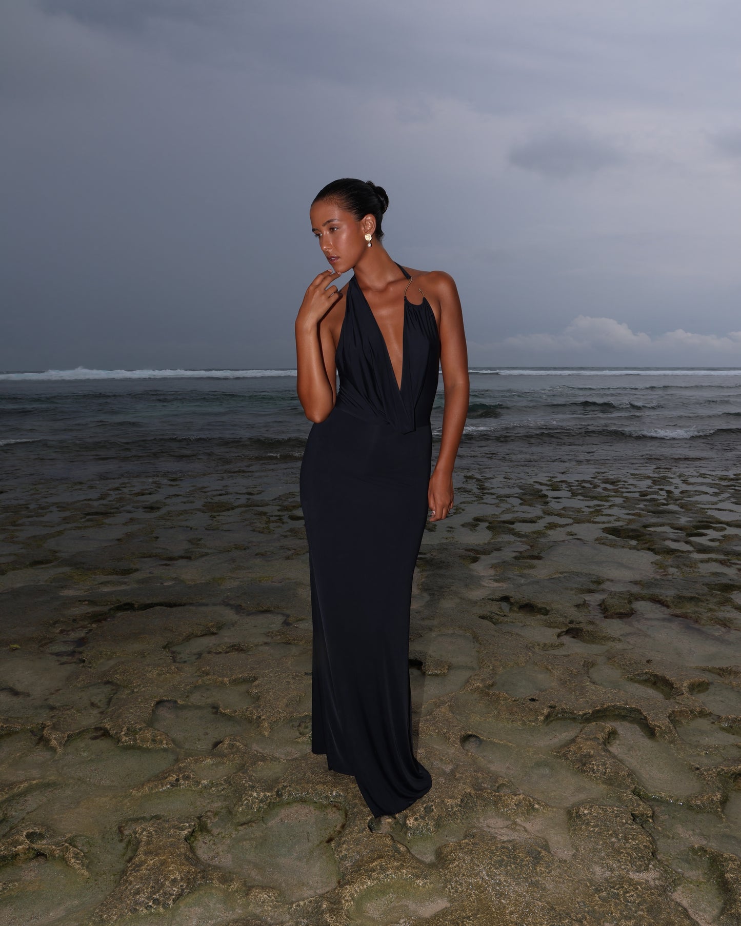 LYCRA MAXI DRESS WITH FISHING HOOK ON THE CHEST BLACK