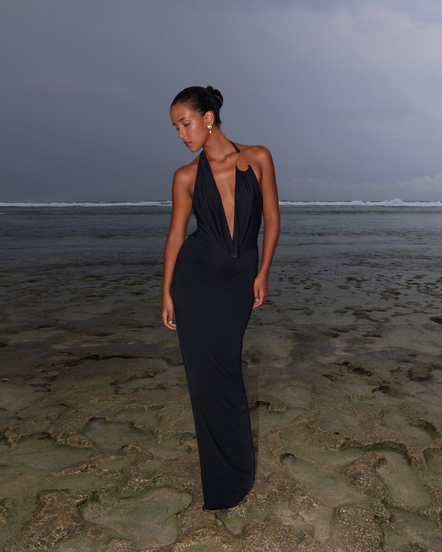 LYCRA MAXI DRESS WITH FISHING HOOK ON THE CHEST BLACK
