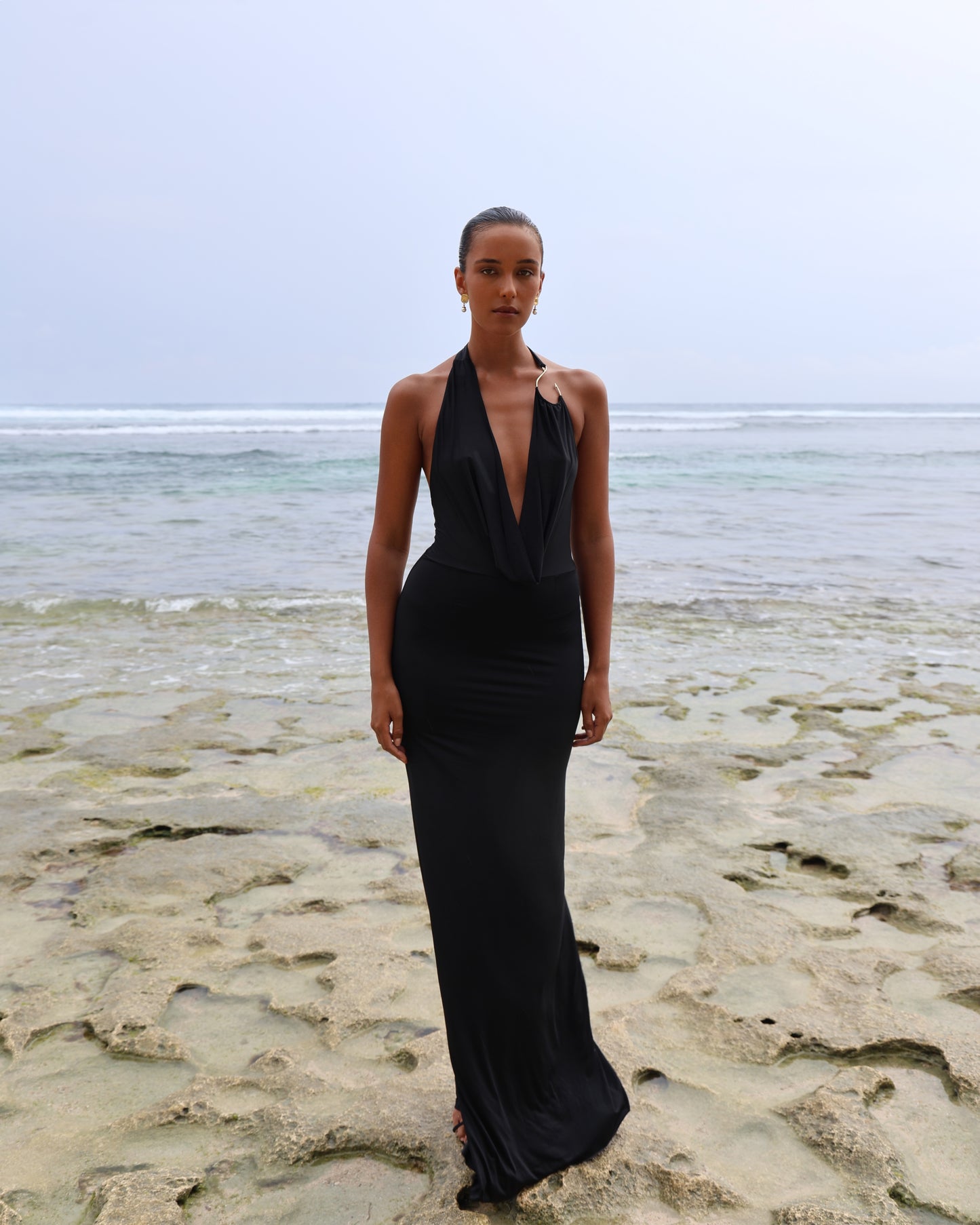 LYCRA MAXI DRESS WITH FISHING HOOK ON THE CHEST BLACK