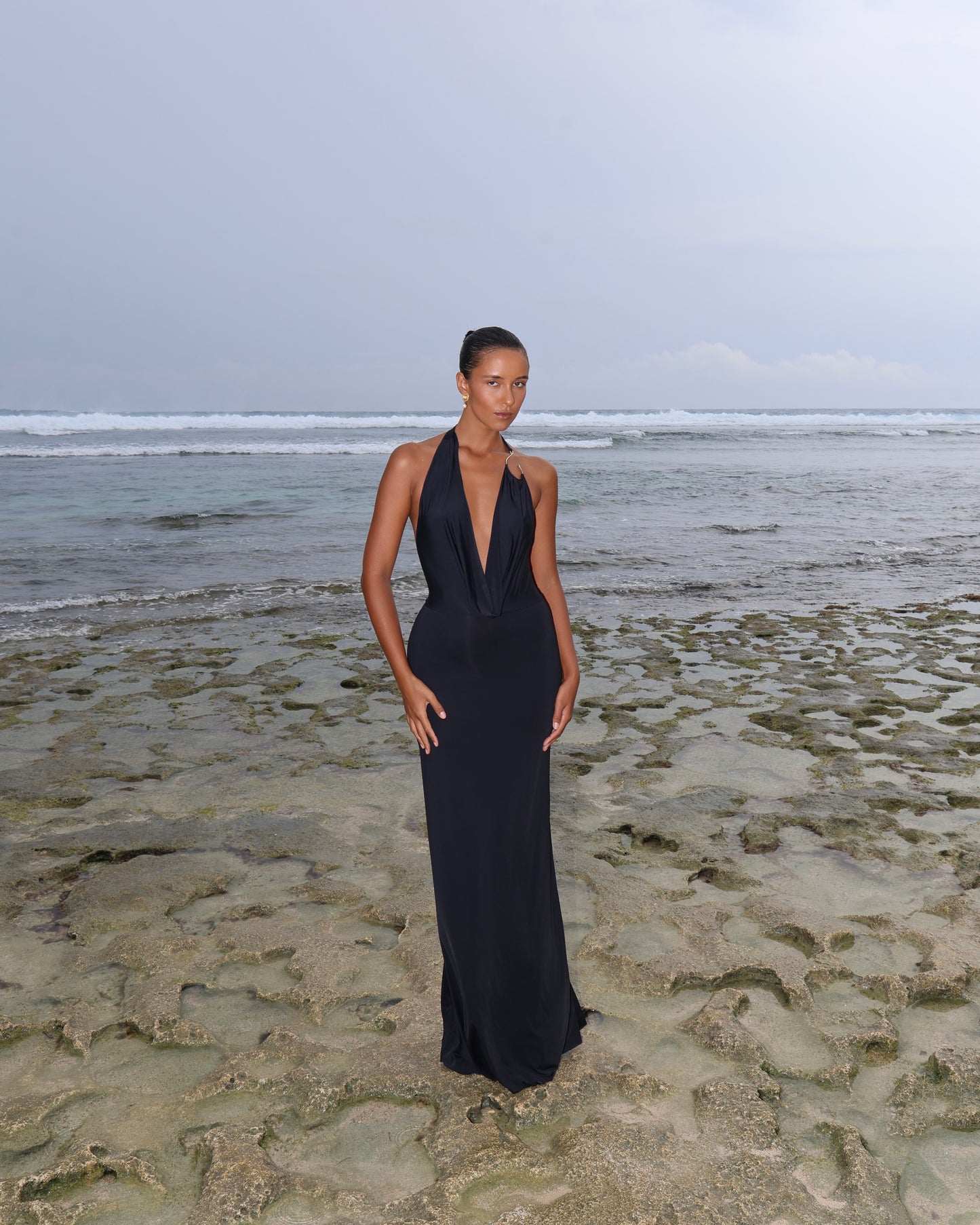 LYCRA MAXI DRESS WITH FISHING HOOK ON THE CHEST BLACK