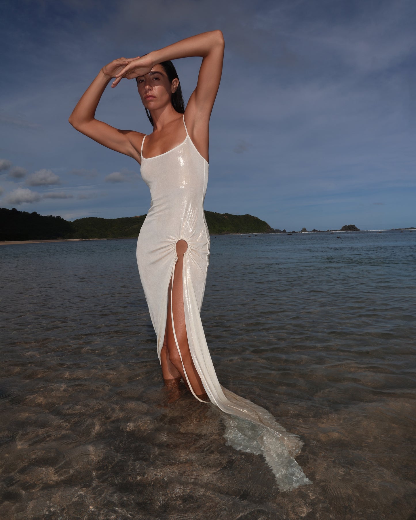 LYCRA STRAPPY DRESS WITH FISHING HOOK METALLIC MILK