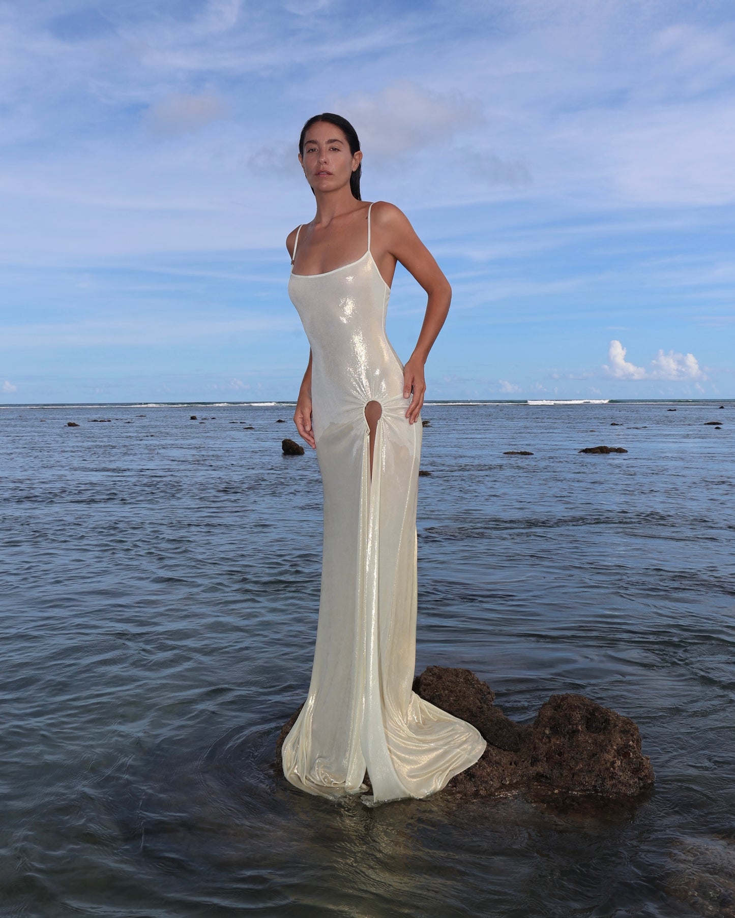 LYCRA STRAPPY DRESS WITH FISHING HOOK METALLIC MILK
