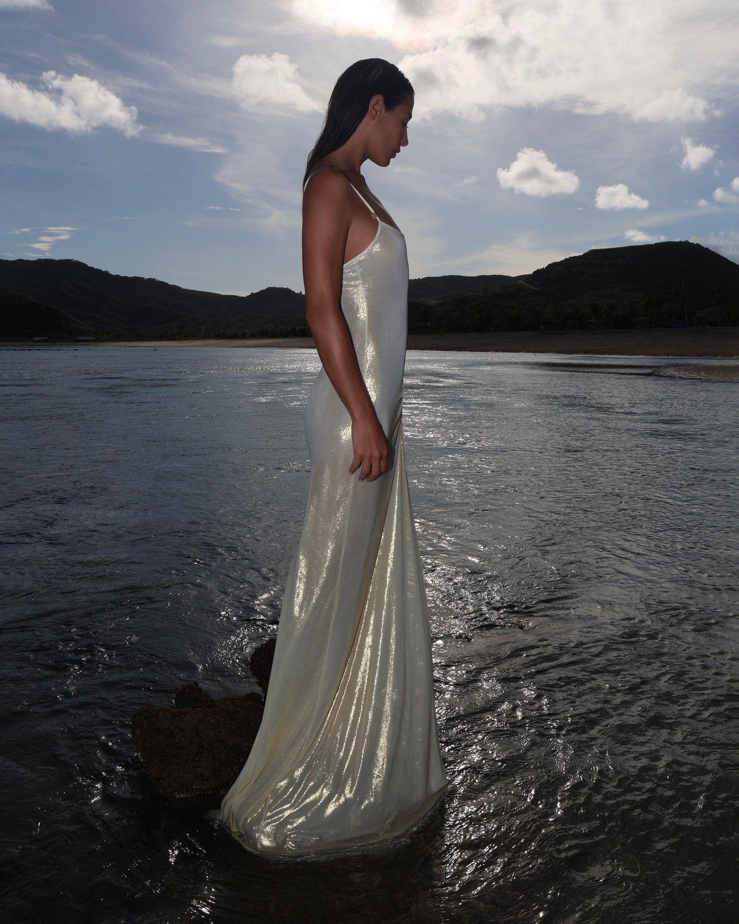 LYCRA STRAPPY DRESS WITH FISHING HOOK METALLIC MILK