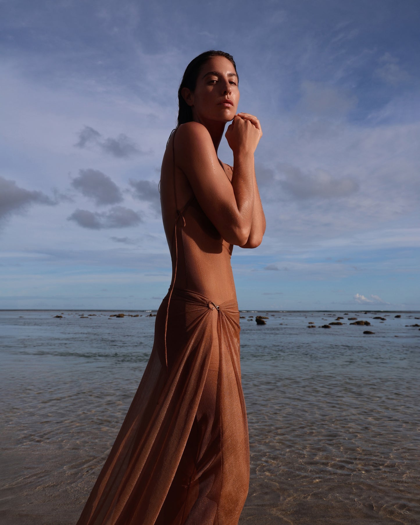 MESH MAXI DRESS AND SKIRT WITH METAL FISHING HOOK DECOR CHOCOLATE