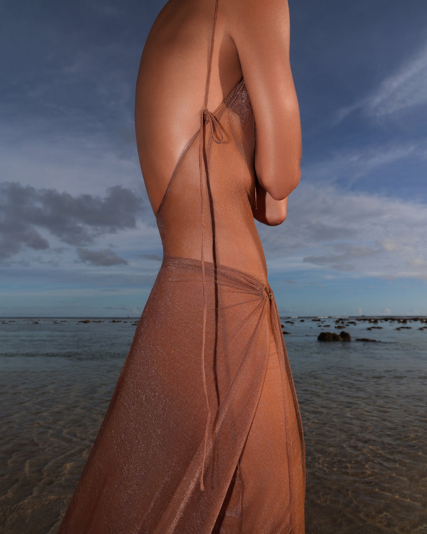MESH MAXI DRESS AND SKIRT WITH METAL FISHING HOOK DECOR CHOCOLATE