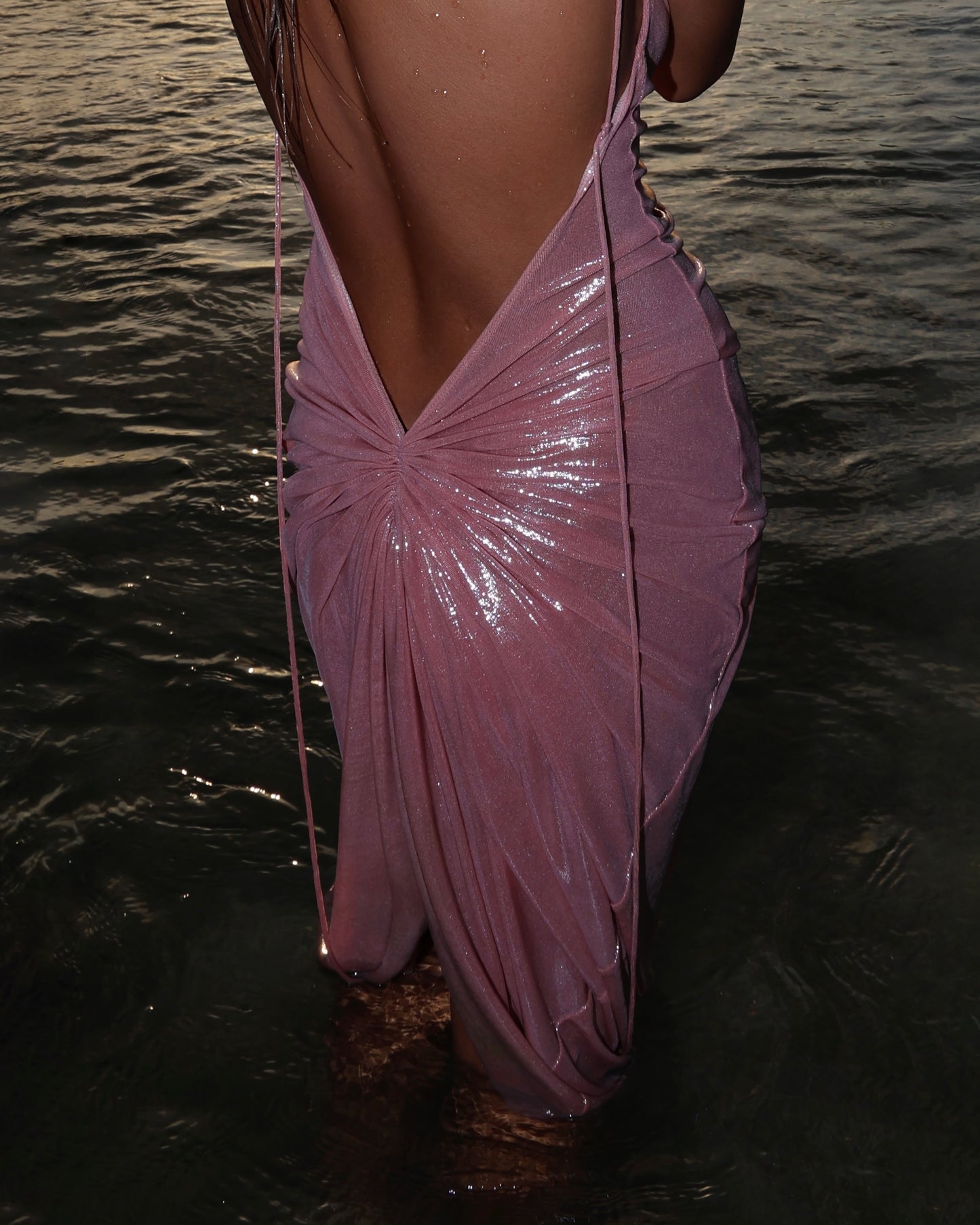 LYCRA SHIMMERING STRAPPY DRESS WITH BACK GATHERING METALLIC PINK