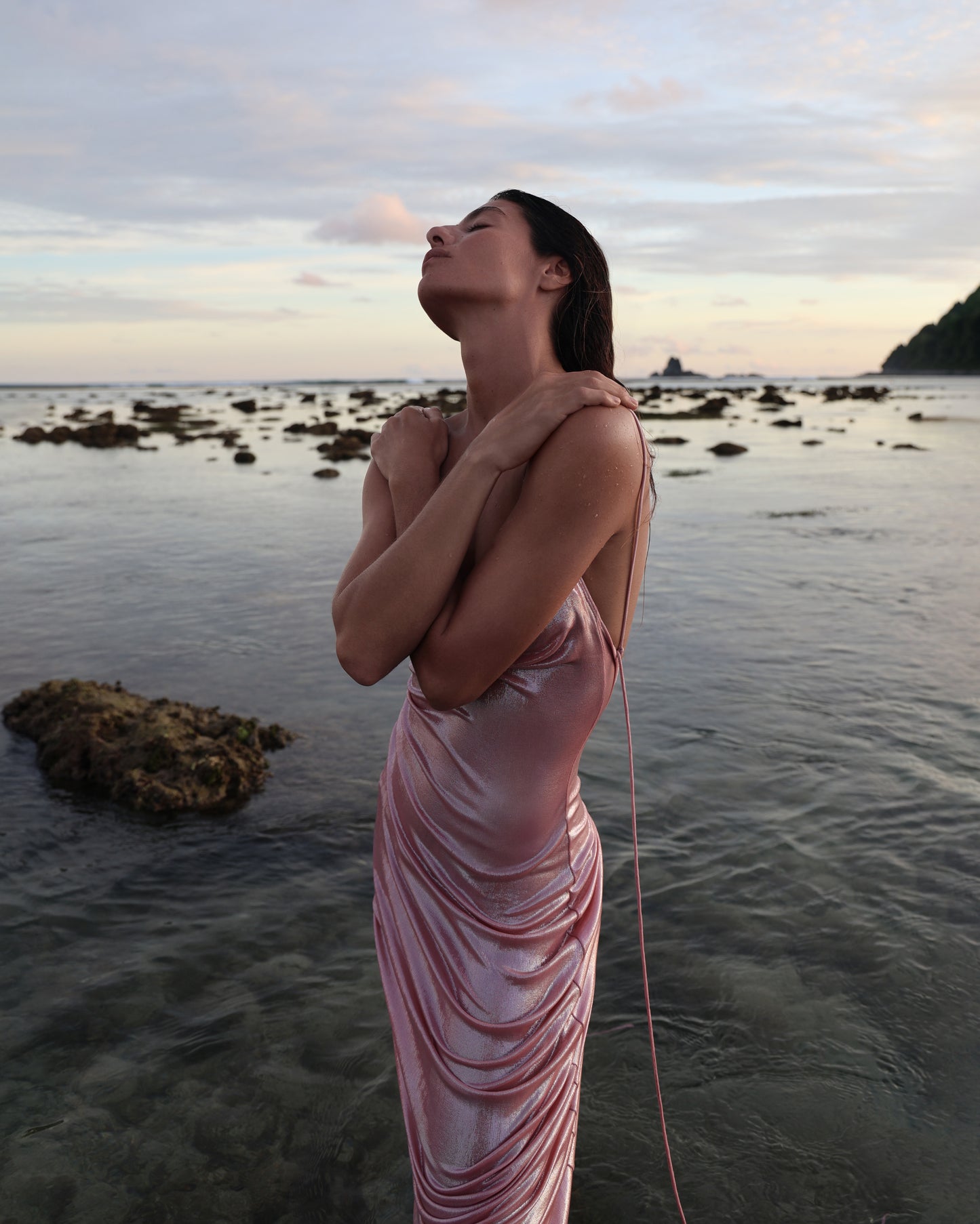 LYCRA SHIMMERING STRAPPY DRESS WITH BACK GATHERING METALLIC PINK