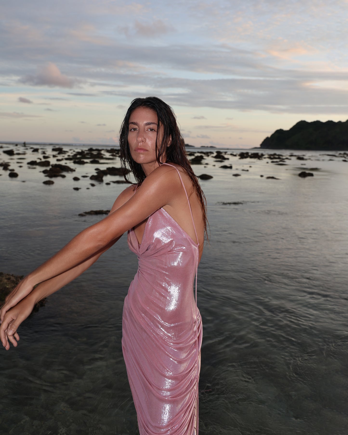 LYCRA SHIMMERING STRAPPY DRESS WITH BACK GATHERING METALLIC PINK
