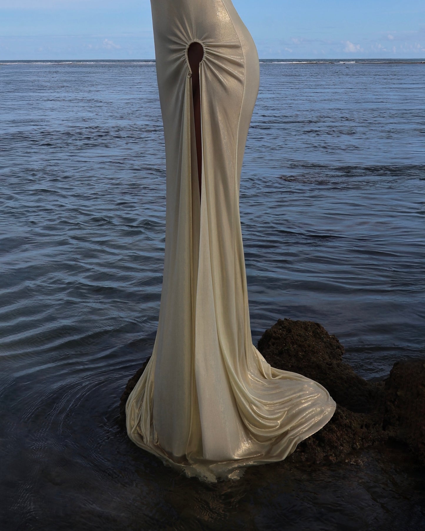 LYCRA STRAPPY DRESS WITH FISHING HOOK METALLIC MILK