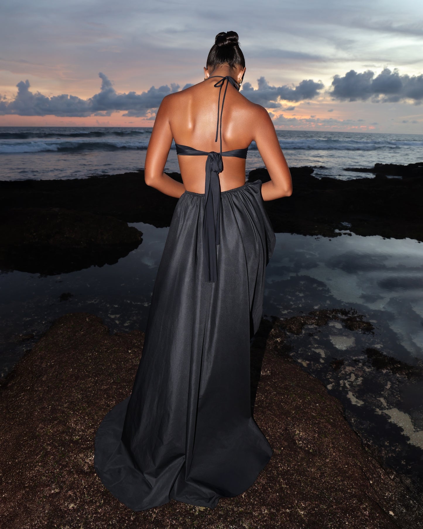 SUIT LYCRA TOP WITH SMALL METAL HOOK DECOR AND GATHERING SKIRT BLACK