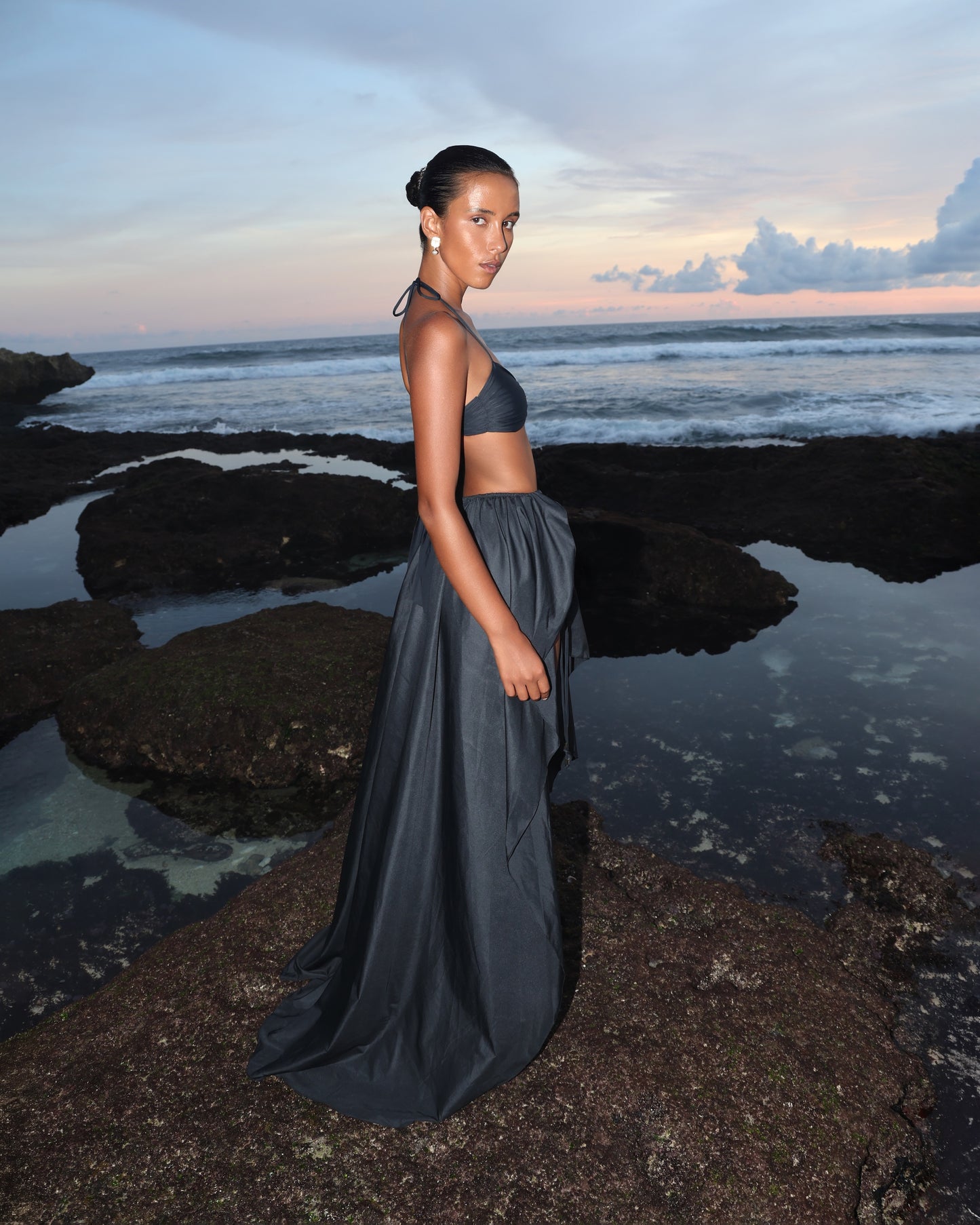 SUIT LYCRA TOP WITH SMALL METAL HOOK DECOR AND GATHERING SKIRT BLACK