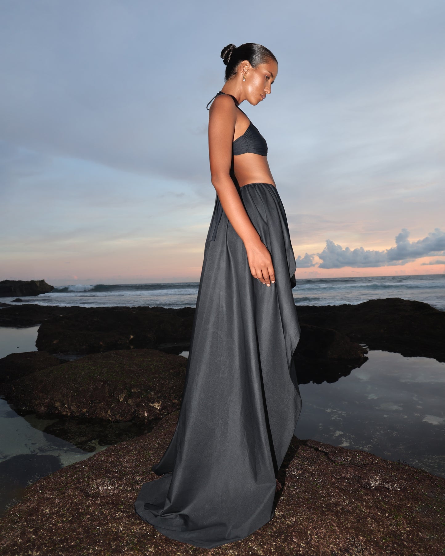 SUIT LYCRA TOP WITH SMALL METAL HOOK DECOR AND GATHERING SKIRT BLACK
