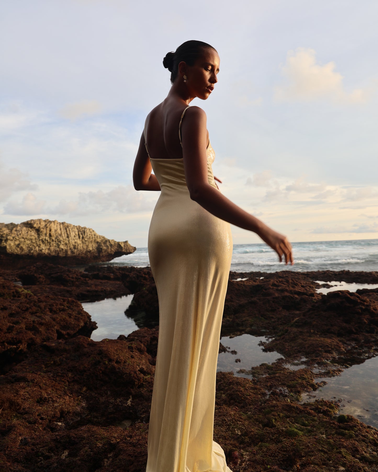 LYCRA STRAPPY DRESS WITH FISHING HOOK METALLIC MILK