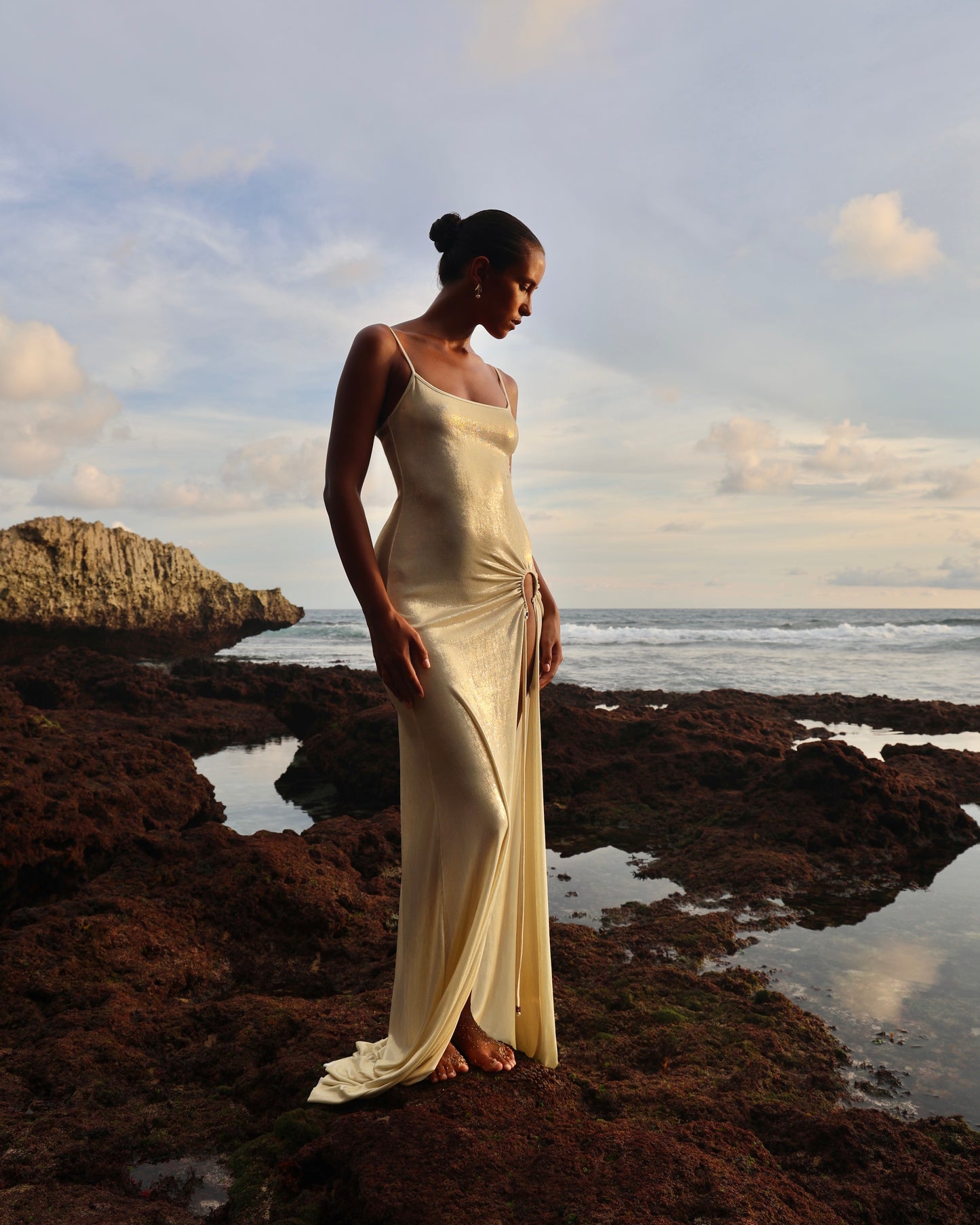 LYCRA STRAPPY DRESS WITH FISHING HOOK METALLIC MILK