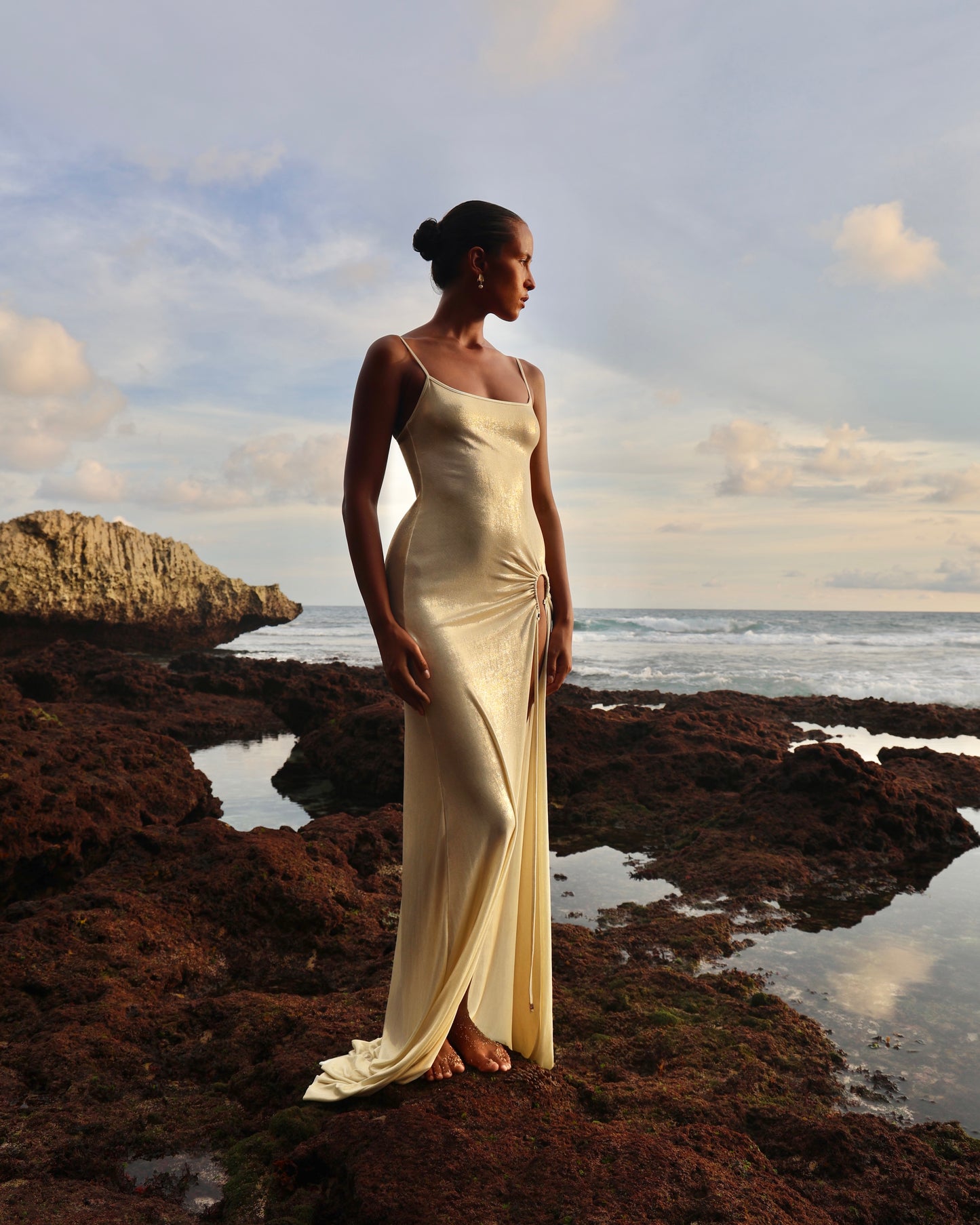 LYCRA STRAPPY DRESS WITH FISHING HOOK METALLIC MILK