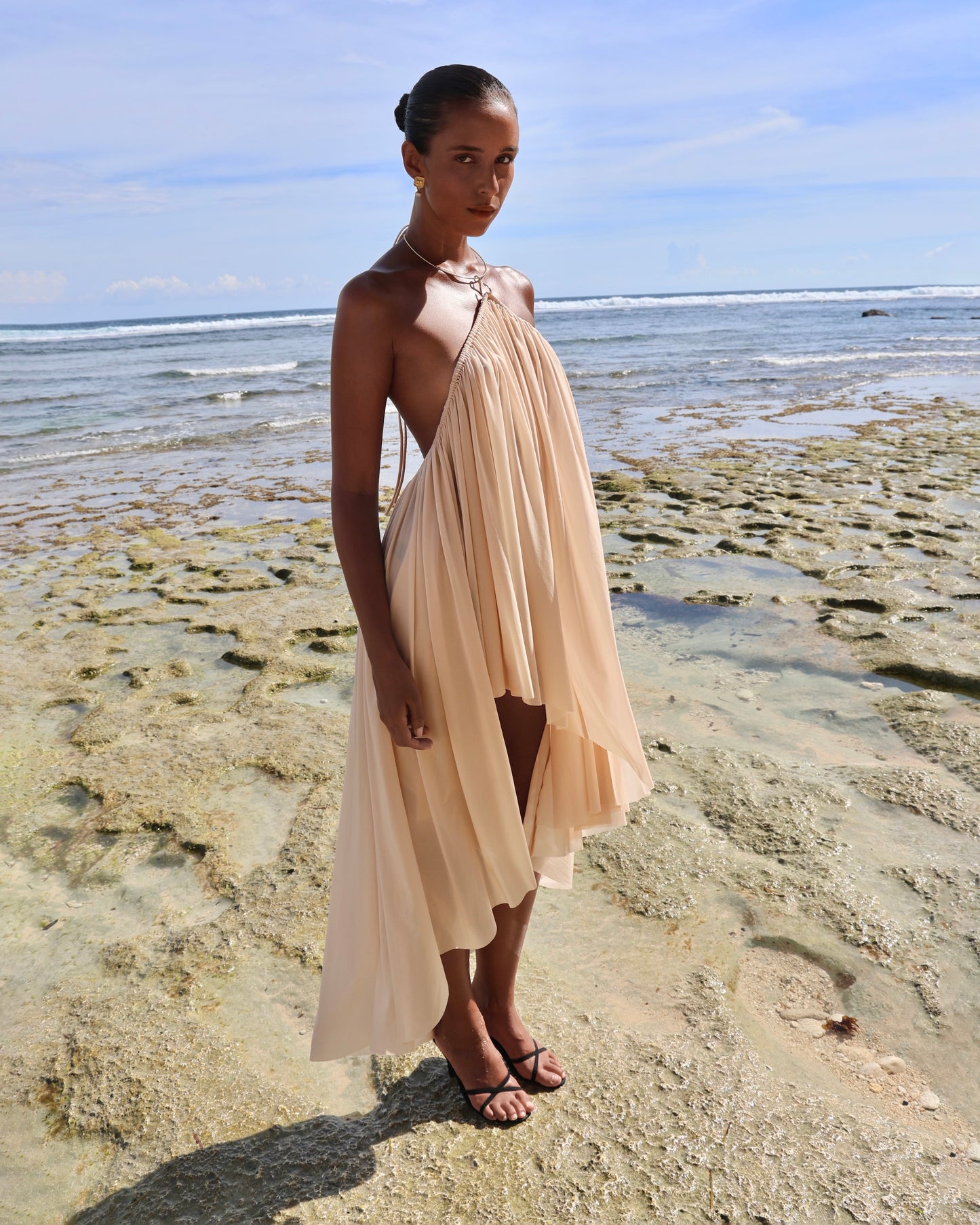 JERSEY ASYMMETRICAL DRESS WITH CHOKER HOOK BEIGE