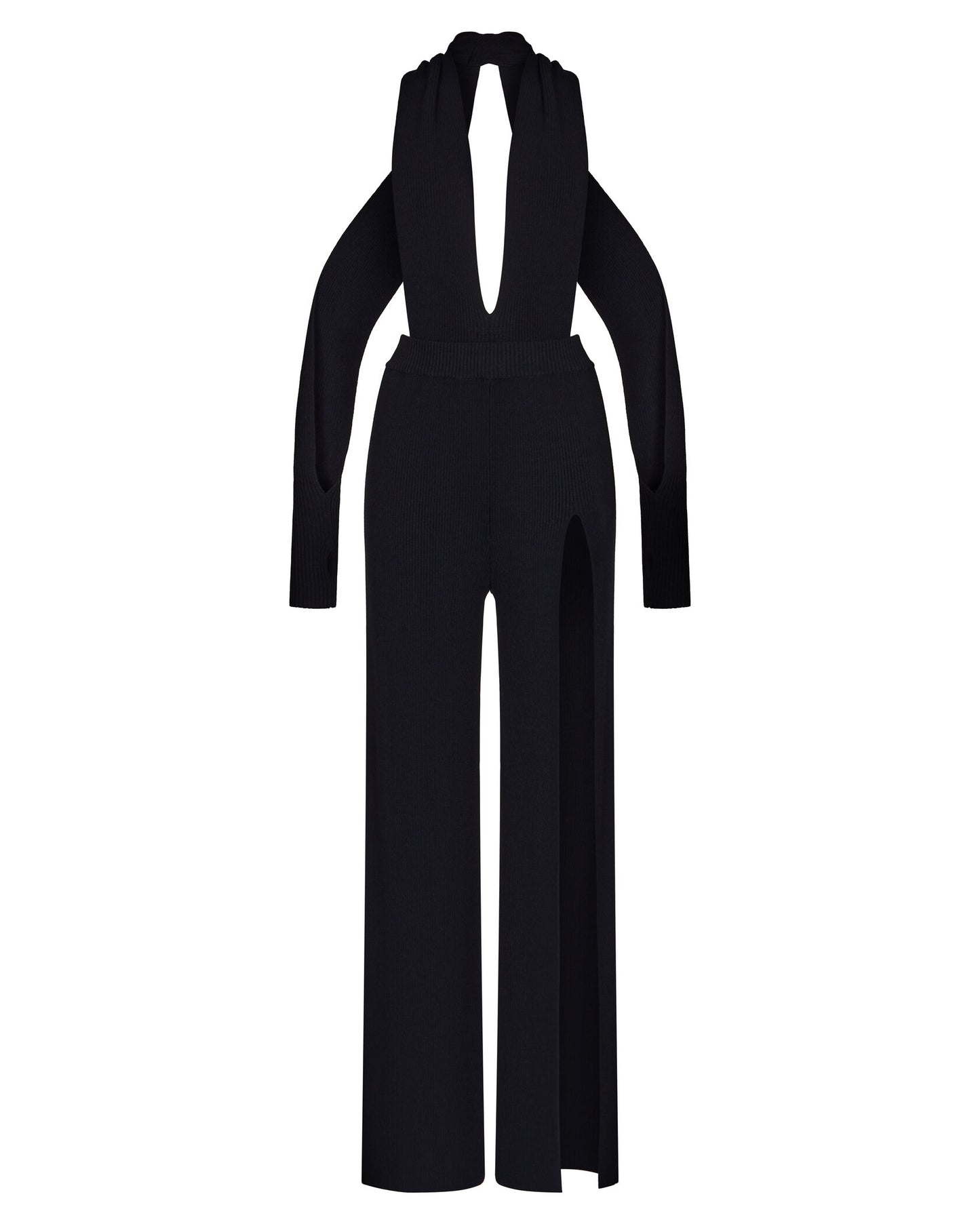 KNIT COUTURE TROUSERS WITH WIDE TIES AND OPEN LEG AND LONG SLEEVES