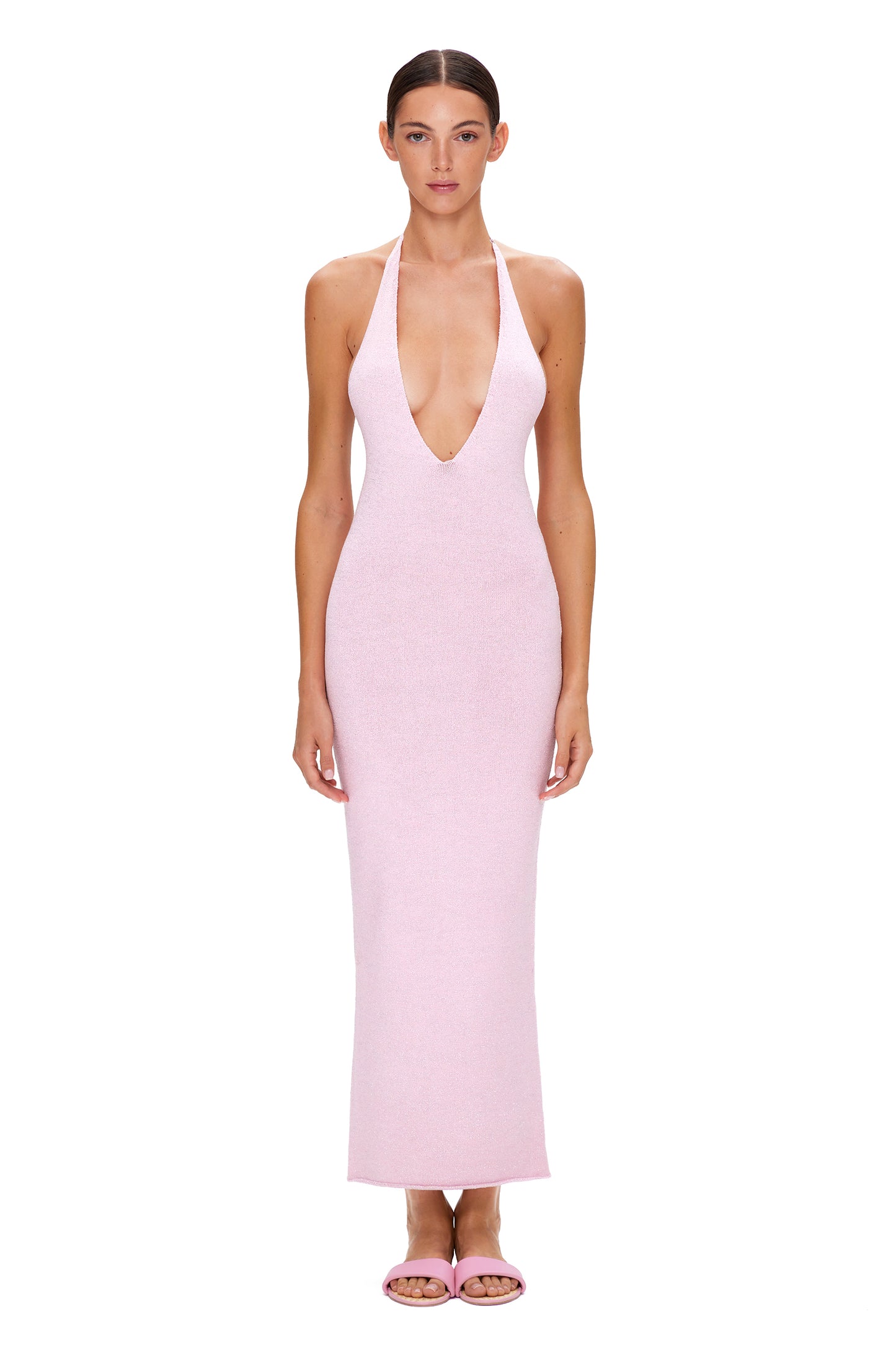 KNITTED MAXI DRESS WITH DEEP NECKLINE OPEN BACK AND LUREX