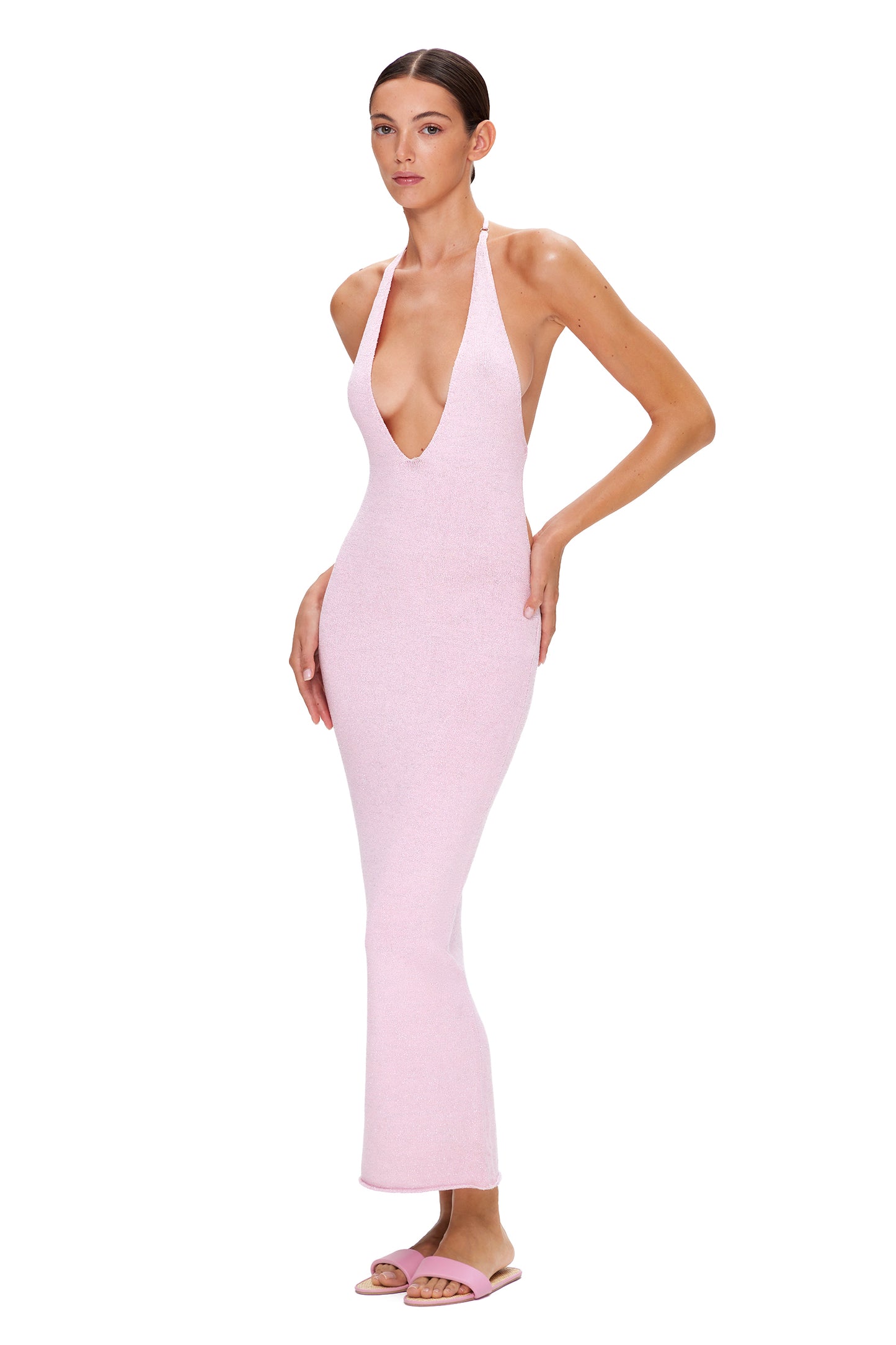 KNITTED MAXI DRESS WITH DEEP NECKLINE OPEN BACK AND LUREX