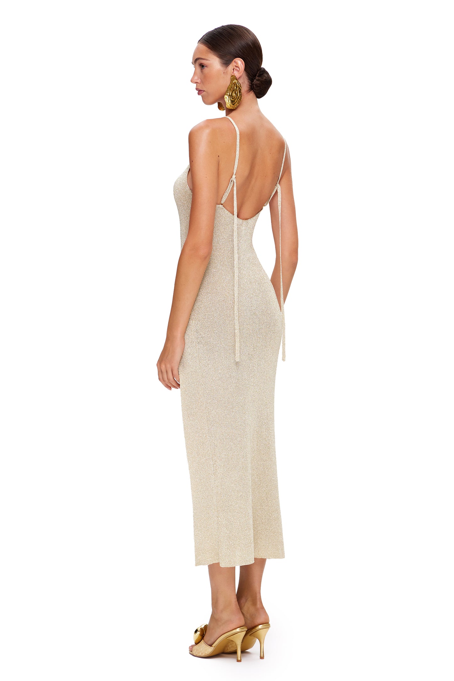 KNITTED MIDI DRESS WITH STRAPS WITH METAL LOGO AND OPEN BACK LUREX