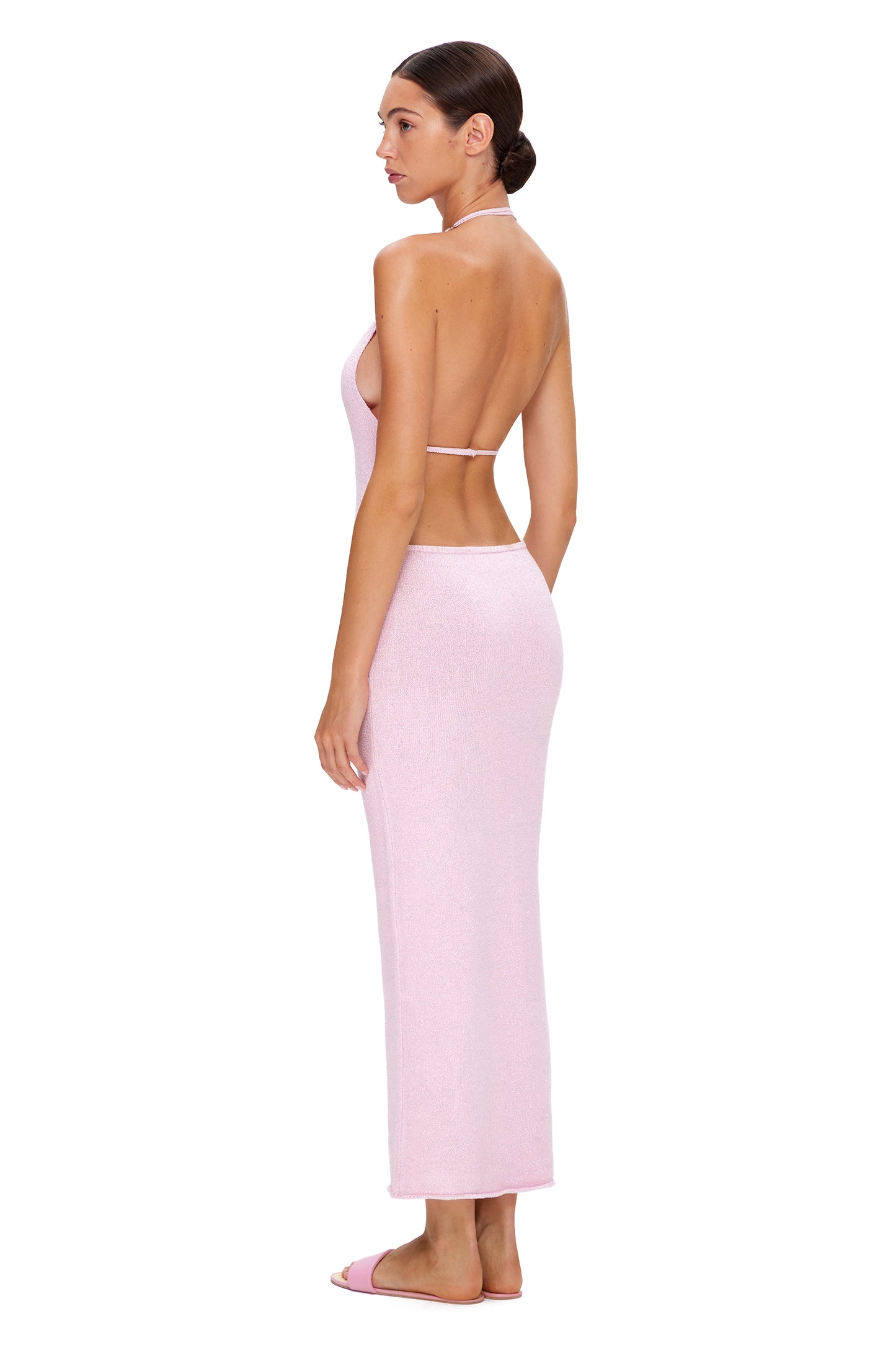 KNITTED MAXI DRESS WITH DEEP NECKLINE OPEN BACK AND LUREX