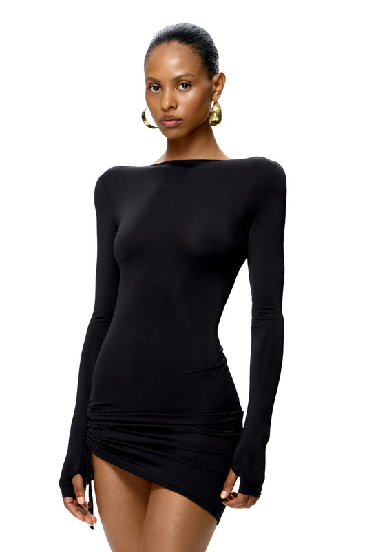 OPEN BACK LONG SLEEVE MINI DRESS WITH SHOULDER PADS AND RUCHED DETAIL COLOR BLACK