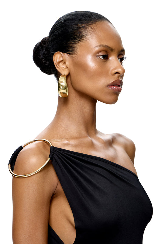 JERSEY ASYMMETRICAL MINI DRESS WITH METAL RING DETAIL ON THE SHOULDER COLOR BLACK