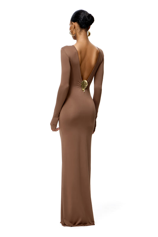 LYCRA LONG SLEEVE MAXI DRESS DEEP NECKLINE METAL SHELL DECOR COCOA
