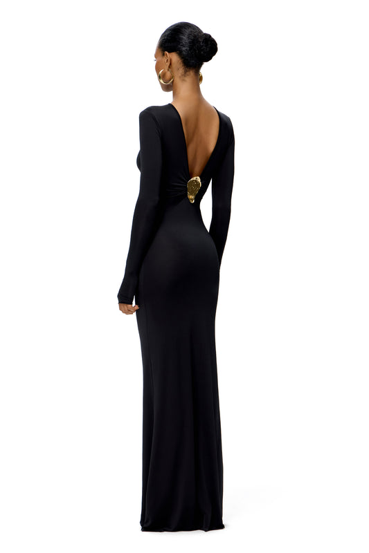 LYCRA LONG SLEEVE MAXI DRESS DEEP NECKLINE WITH METAL SHELL DECOR