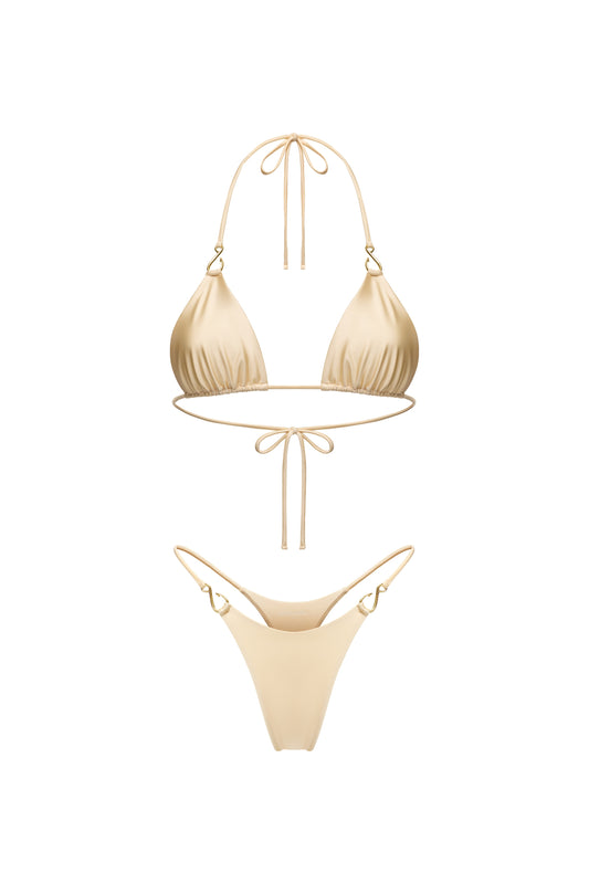 PRE-ORDER LYCRA BIKINI SET TOP AND BOTTOM WITH SMALL HOOKS DECOR COLOR CHAMPAGNE