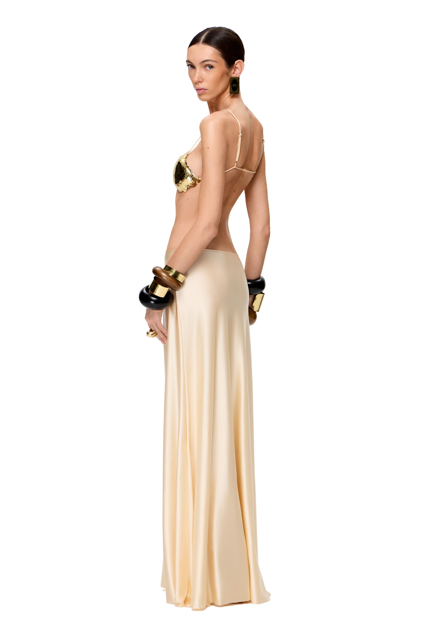 JERSEY THIN MAXI SKIRT HIGH SLIT AND LOW METAL HOOK DECOR COLOR CHAMPAGNE