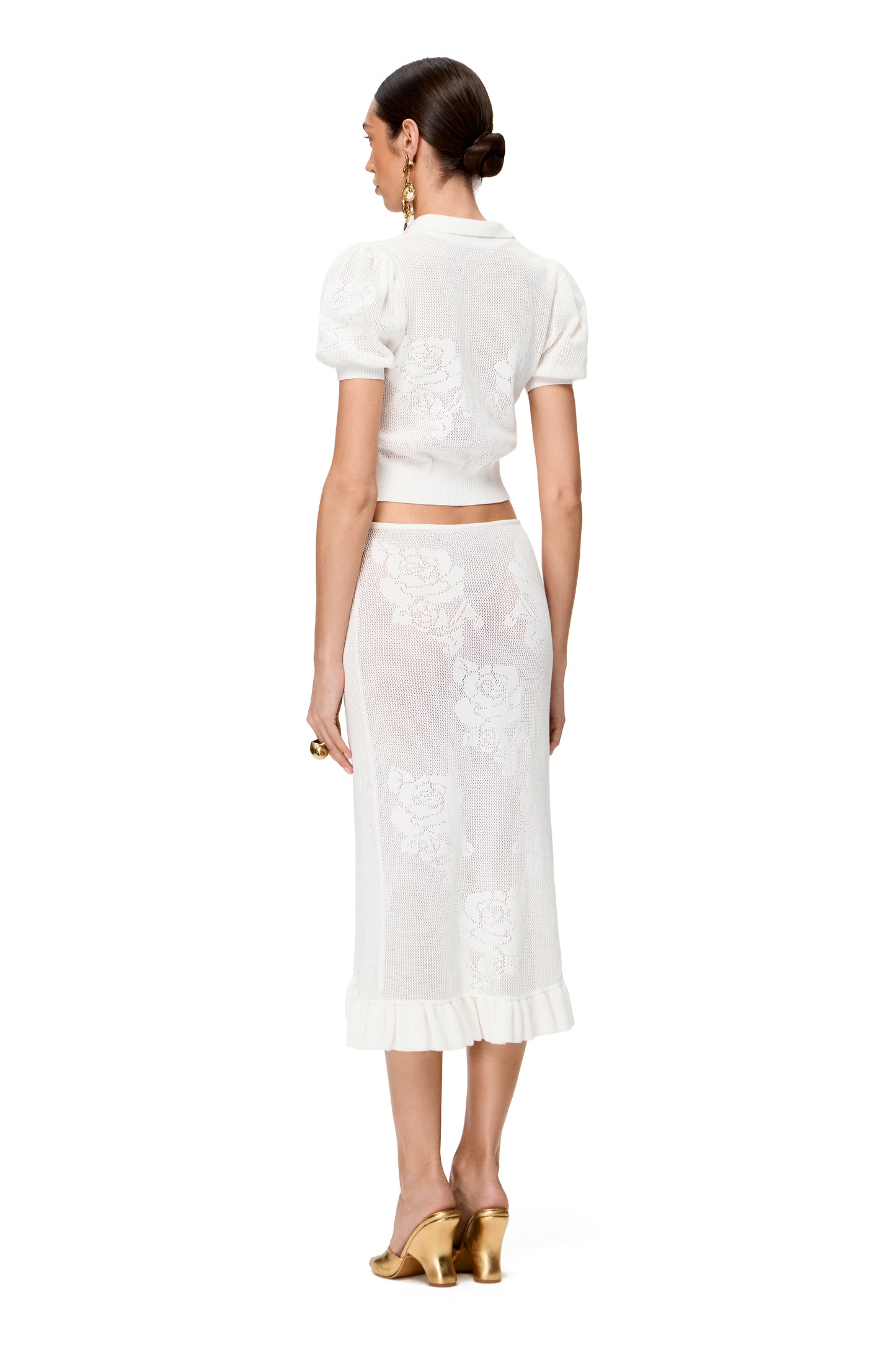 KNITTED OPENWORK SKIRT WITH HIGH RUFFLE SLIT COLOR WHITE