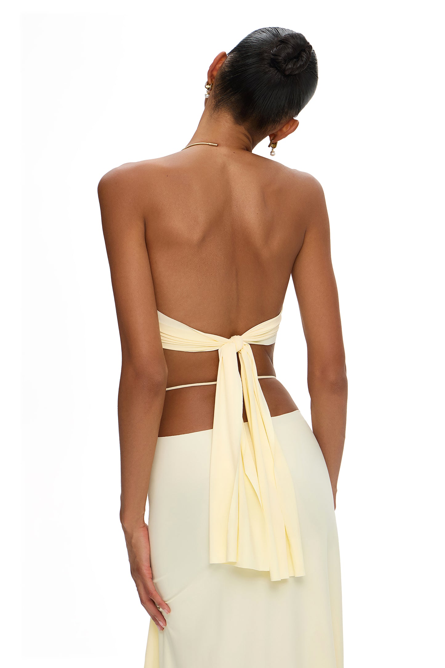 LYCRA SUIT TOP WITH METALLIC CHOKER AND ASYMMETRICAL SKIRT WITH HOOK YELLOW
