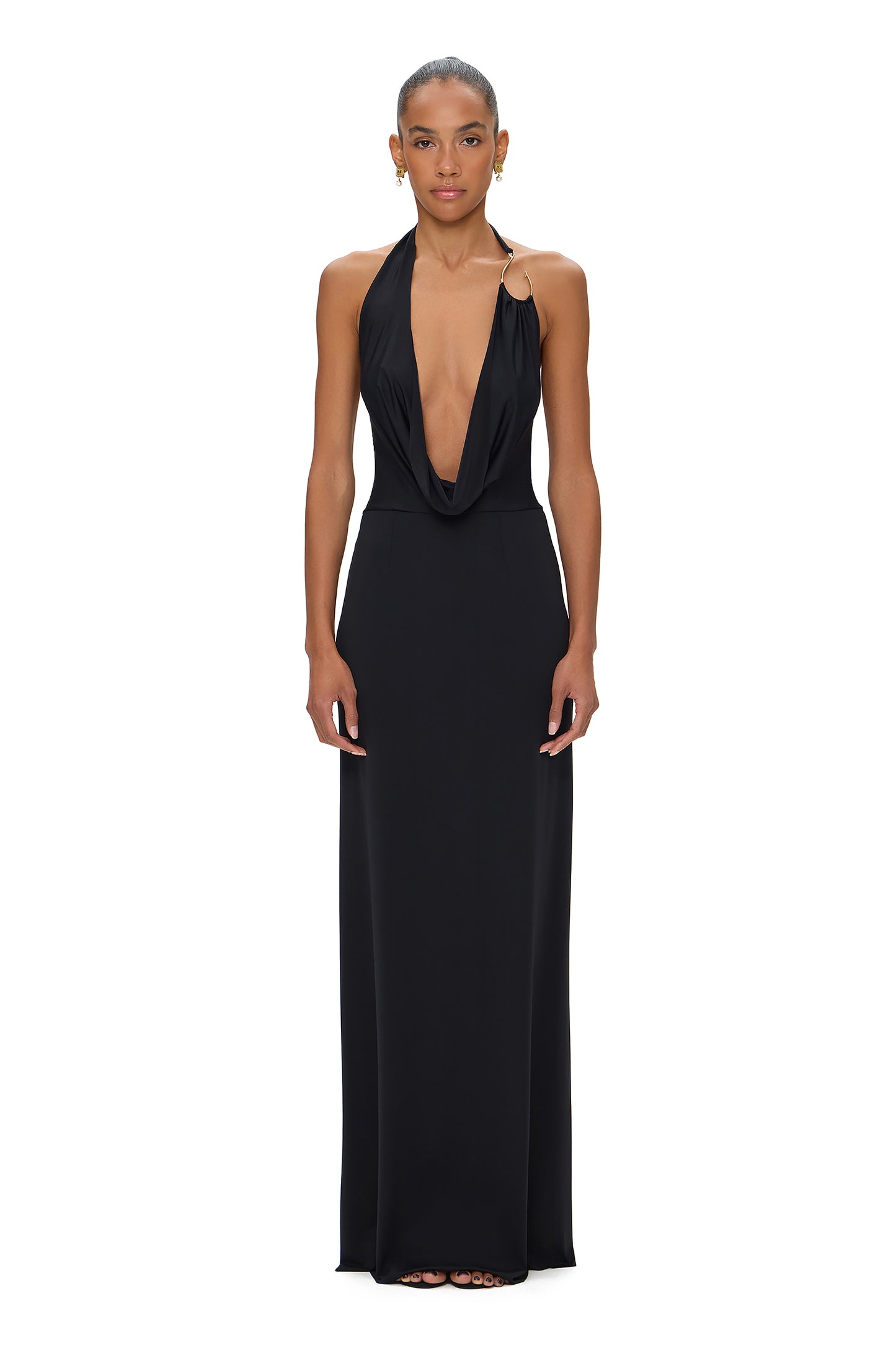 LYCRA MAXI DRESS WITH FISHING HOOK ON THE CHEST BLACK