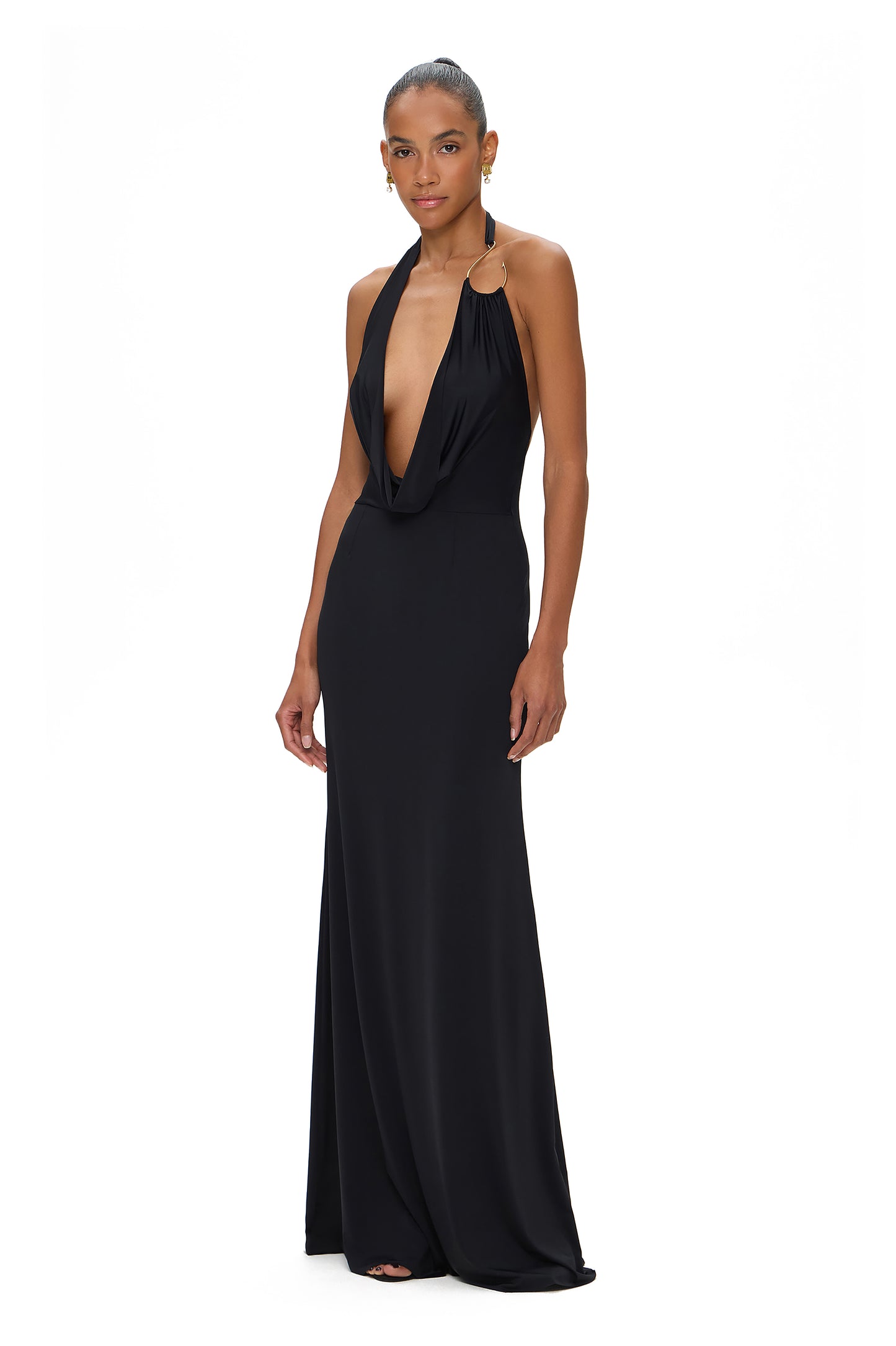 LYCRA MAXI DRESS WITH FISHING HOOK ON THE CHEST BLACK