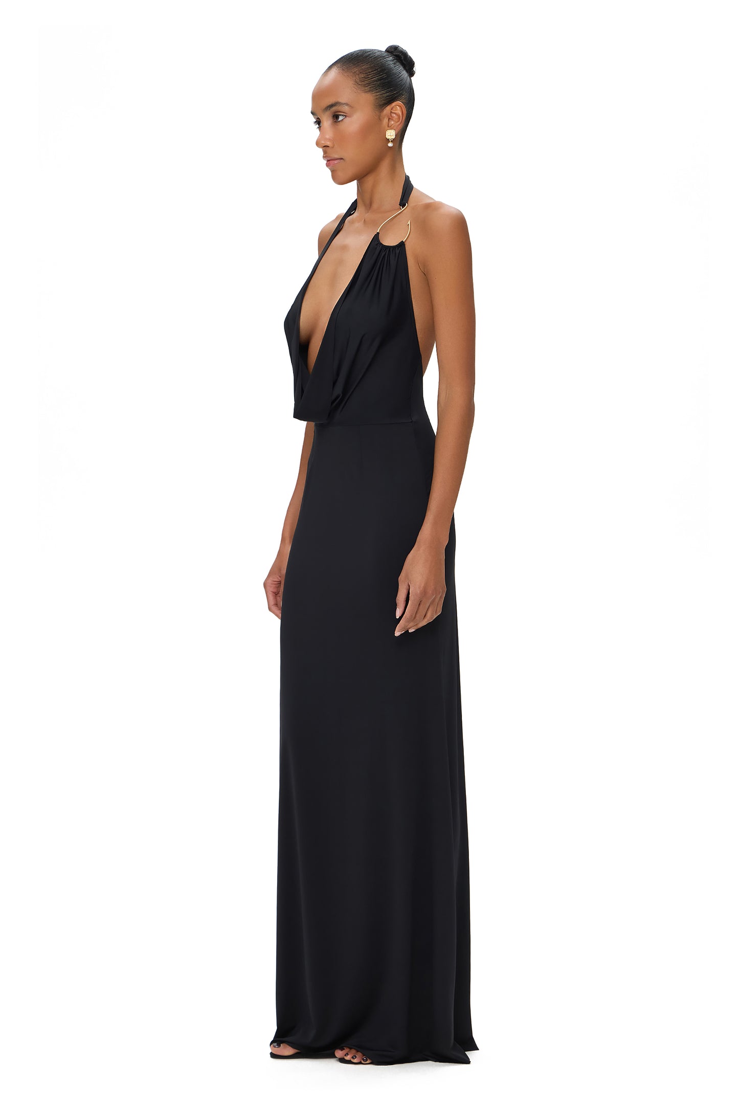 LYCRA MAXI DRESS WITH FISHING HOOK ON THE CHEST BLACK