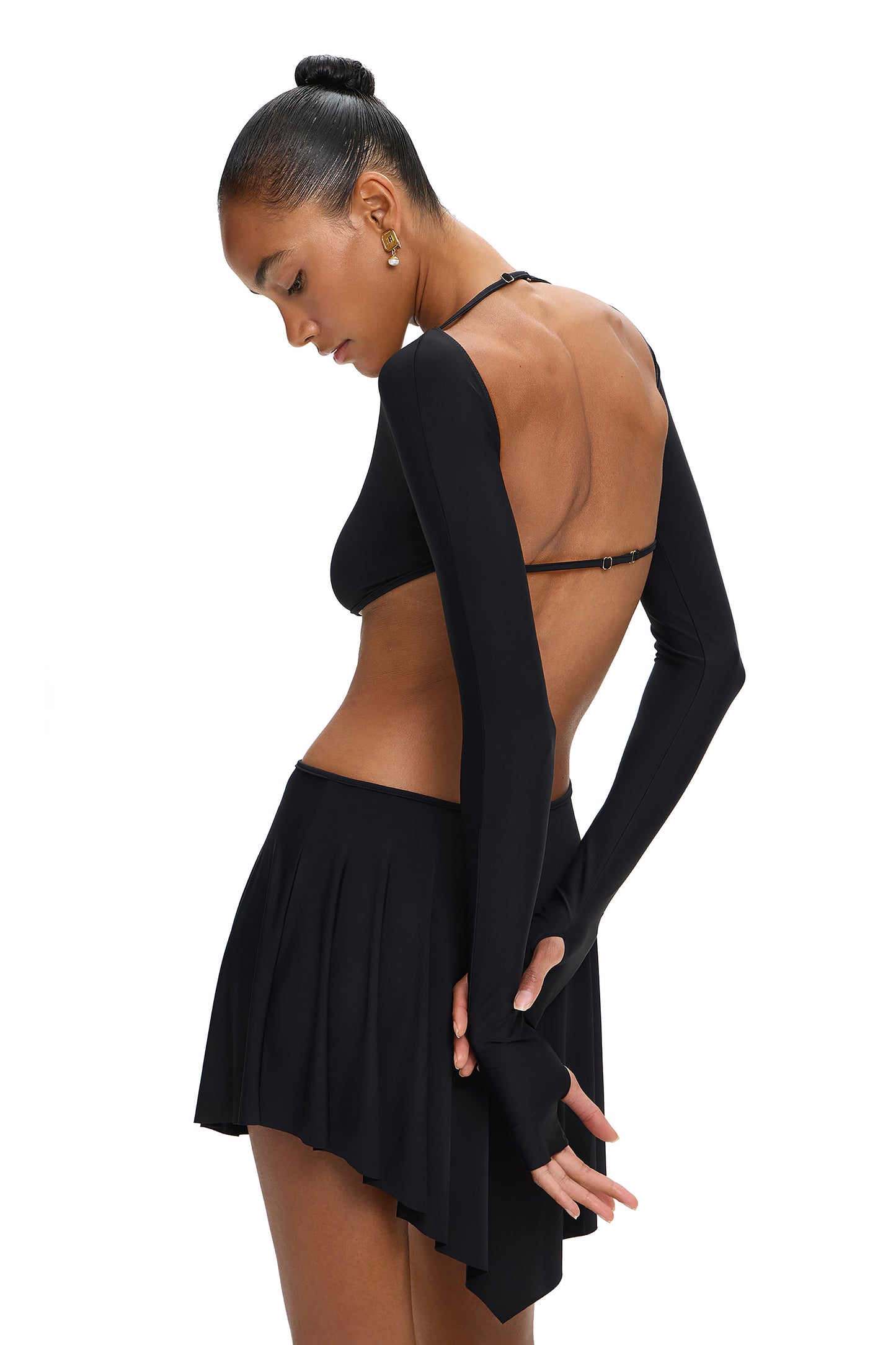 LYCRA LONG SLEEVE MINI DRESS WITH METAL HOOK DECOR BLACK