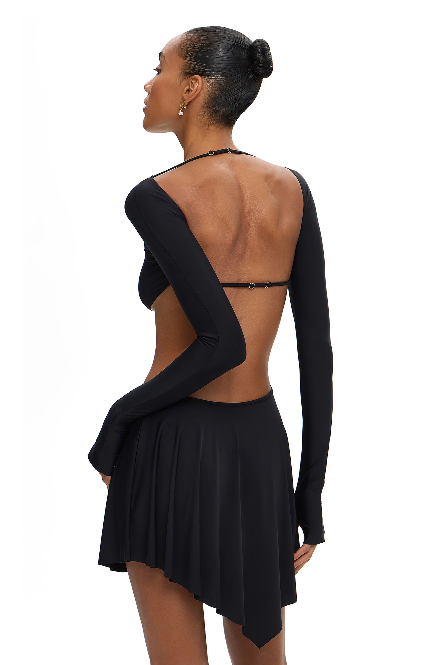 LYCRA LONG SLEEVE MINI DRESS WITH METAL HOOK DECOR BLACK