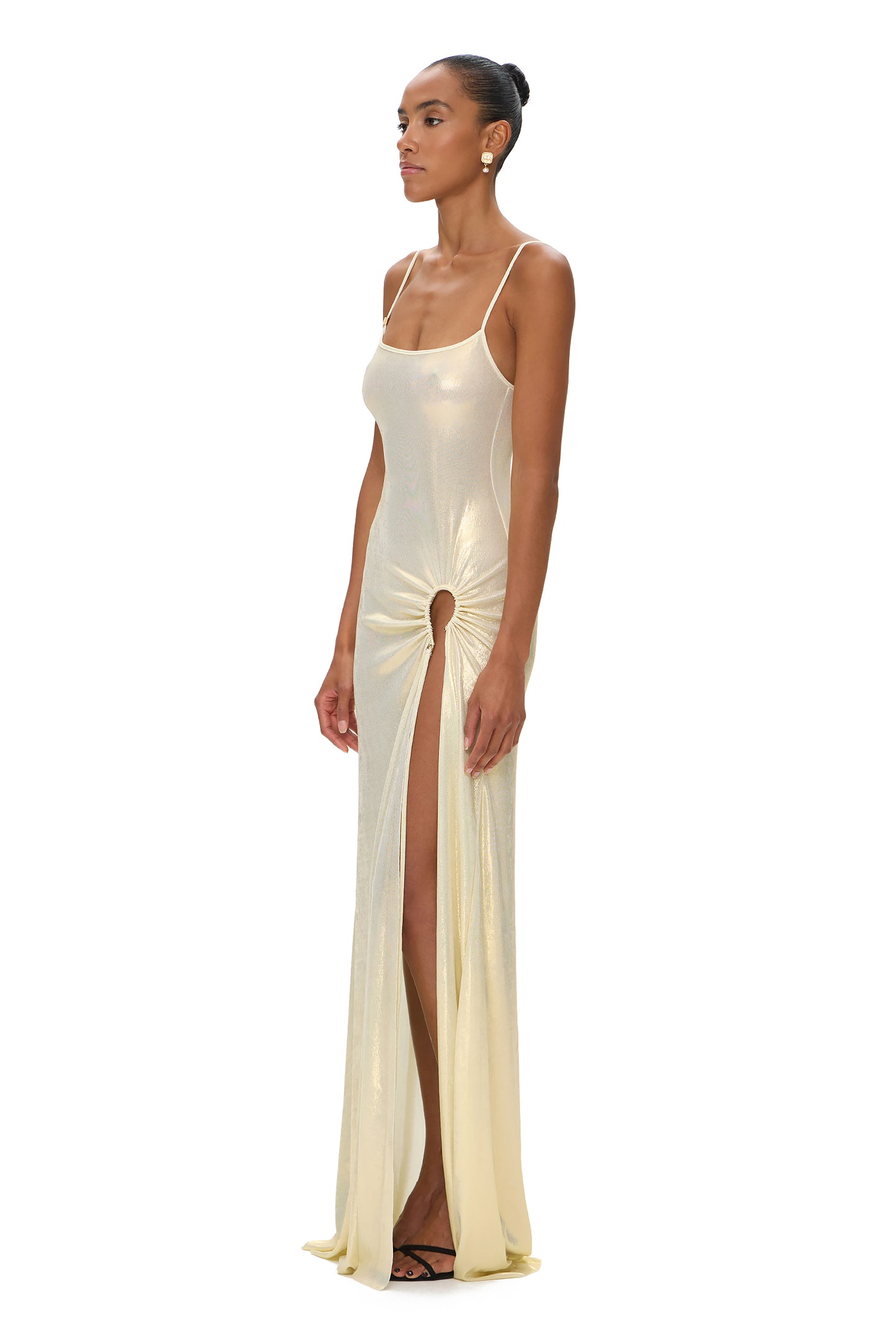 LYCRA STRAPPY DRESS WITH FISHING HOOK METALLIC MILK