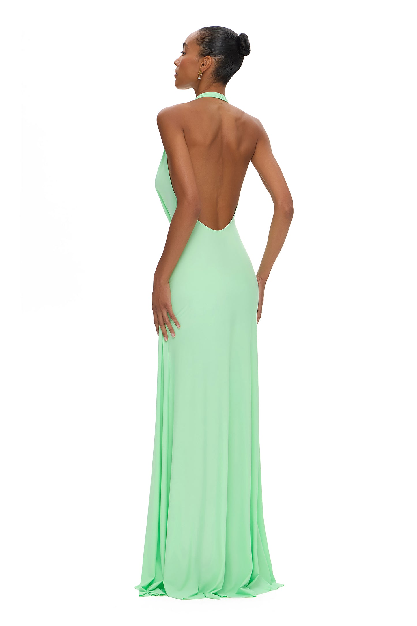 LYCRA MAXI DRESS WITH CHEST FISHING HOOK AND HIGH SLIT WITH BIG HOOK GREEN