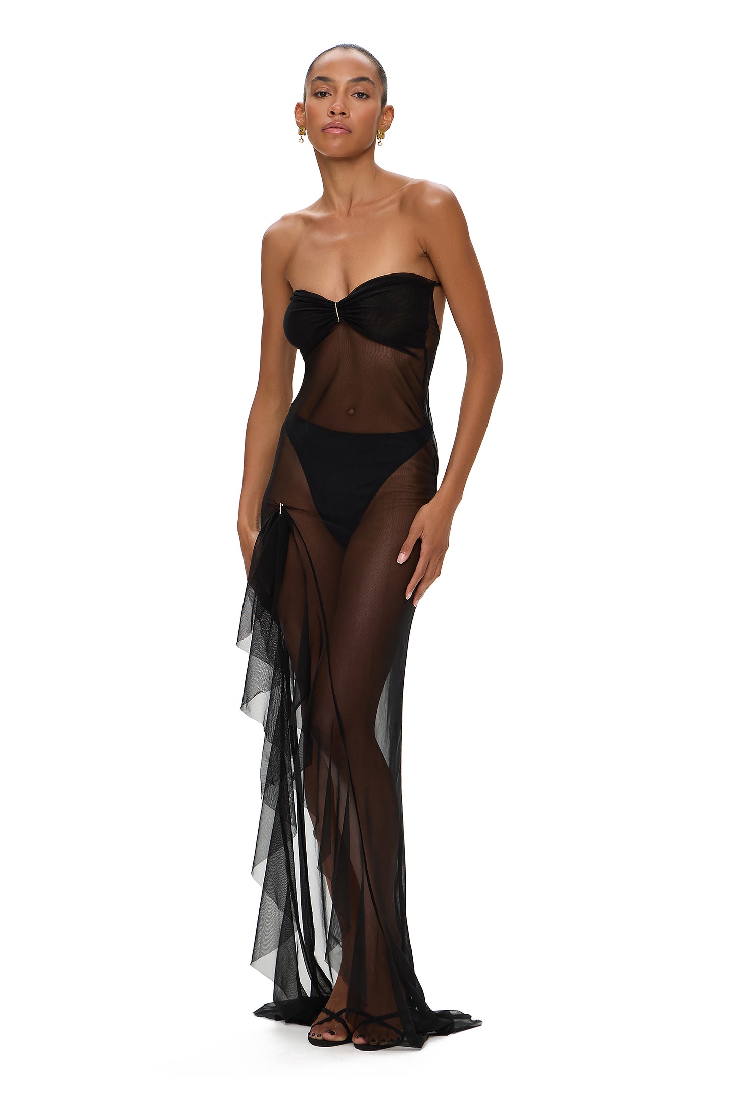 MESH DRESS WITH FRONT LEG FRILL BLACK