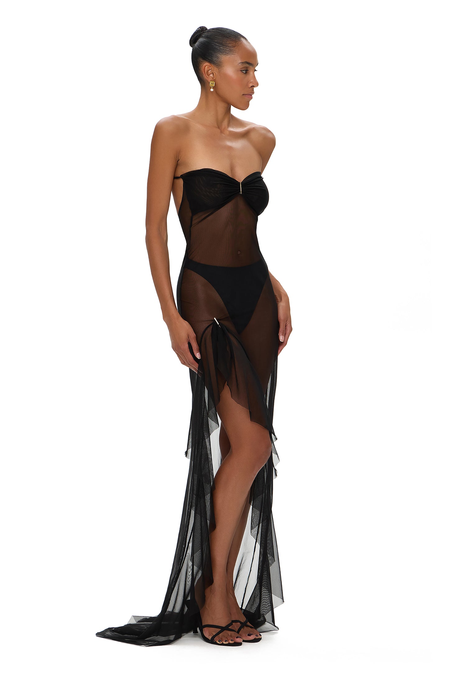 MESH DRESS WITH FRONT LEG FRILL BLACK