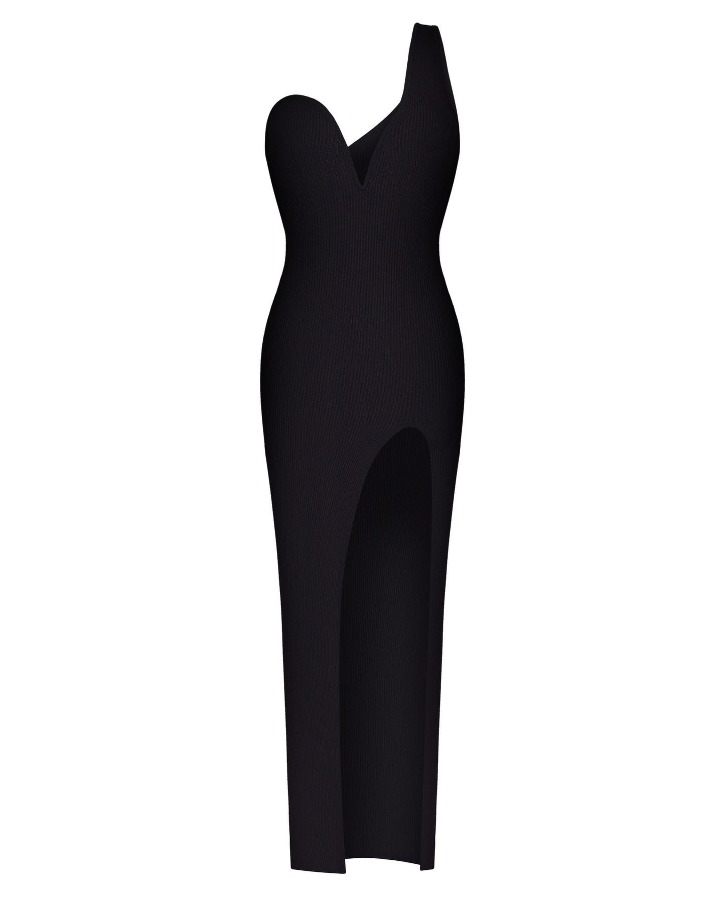 KNIT ASYMMETRICAL COUTURE DRESS WITH V-NECKLINE AND OPEN LEG