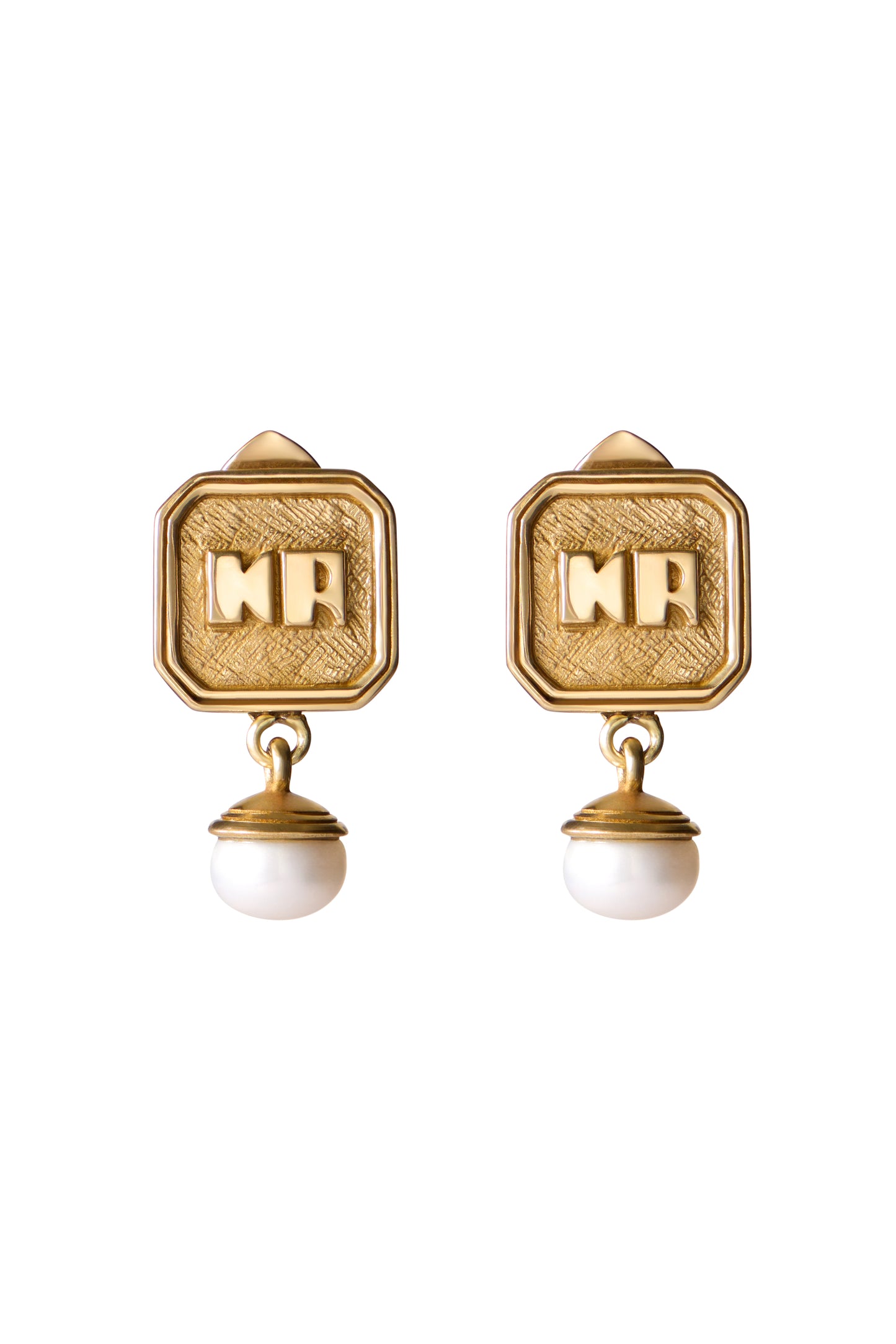 HANDMADE METAL EARRINGS KR LOGO CLIPS MECHANIZM ARTIFICIAL PEARL GOLD