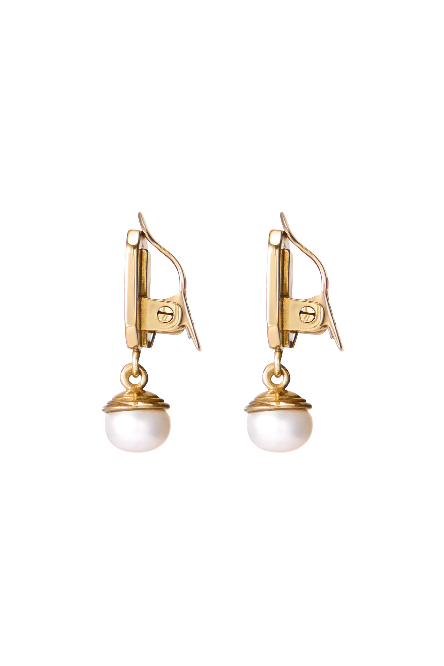 HANDMADE METAL EARRINGS KR LOGO CLIPS MECHANIZM ARTIFICIAL PEARL GOLD