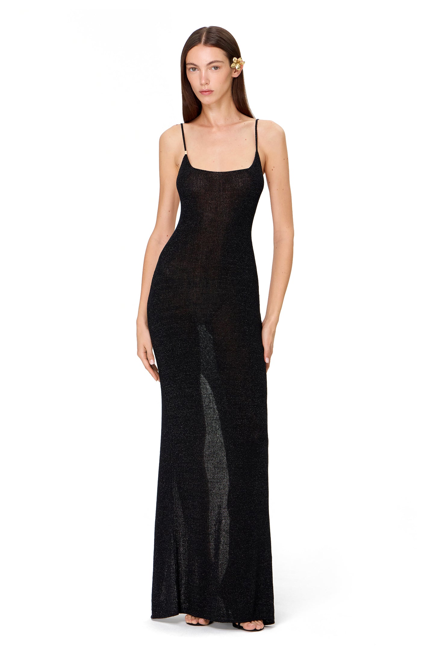 KNITTED MAXI DRESS THIN STRAPS WITH BACK SLIT LUREX BLACK