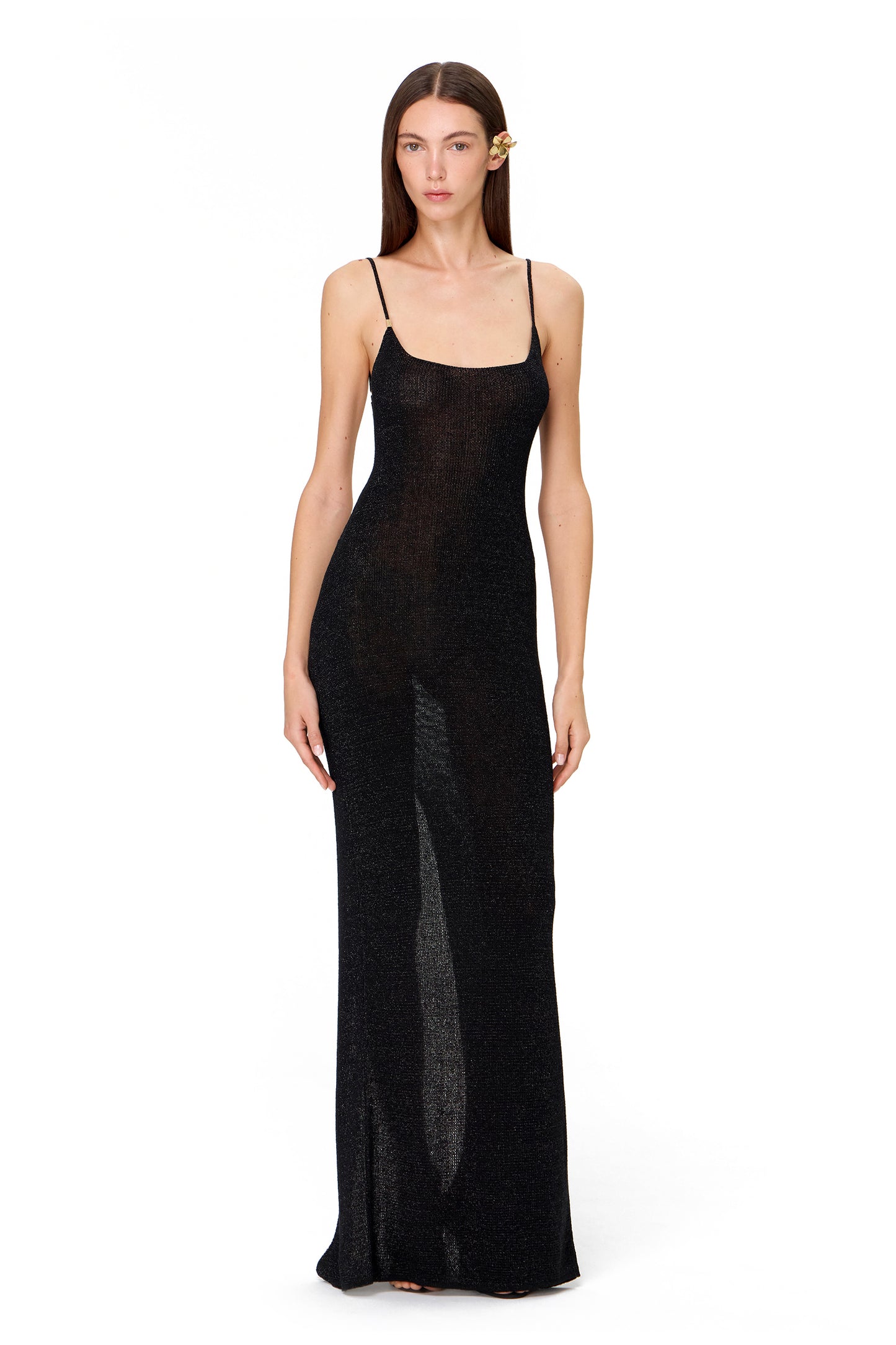 KNITTED MAXI DRESS THIN STRAPS WITH BACK SLIT LUREX BLACK